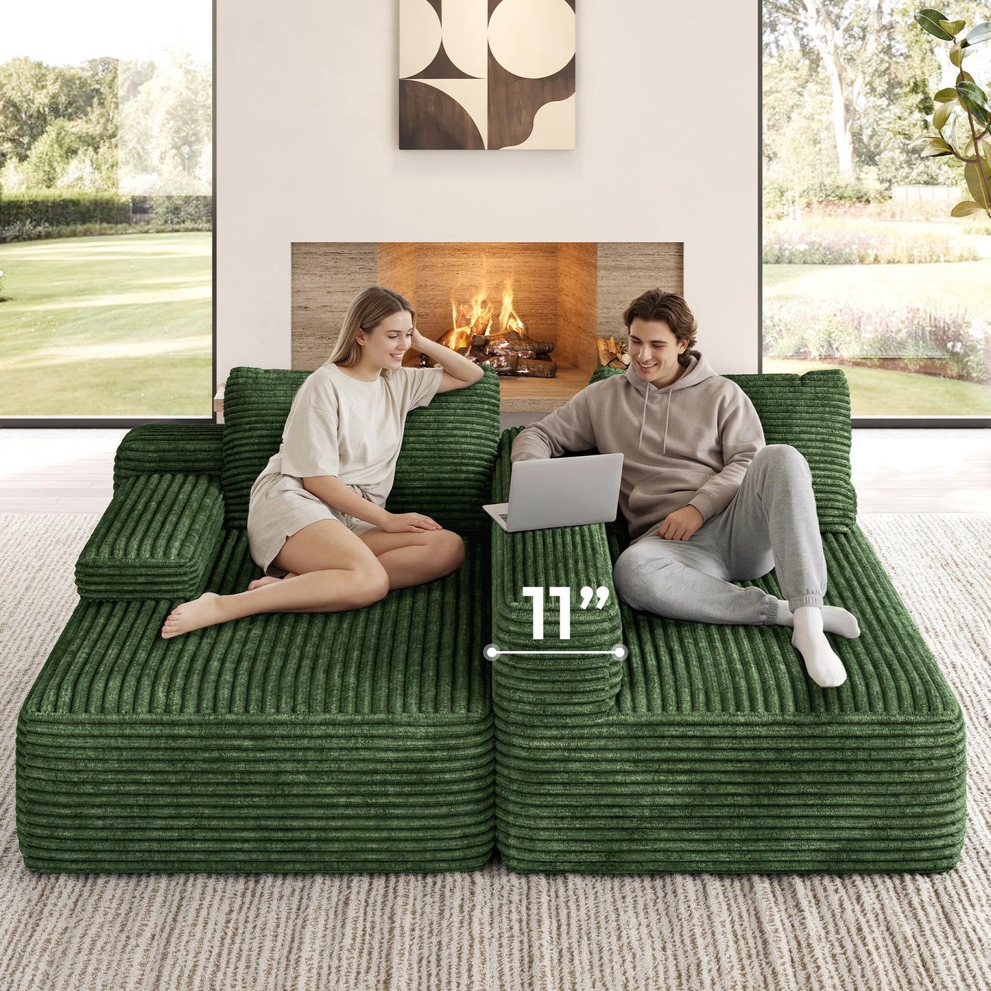 Yaheetech 110" Modular Sectional Sofa Corduroy Boneless Couch with Chaise L-Shape Cloud Couch with Detachable Pillows No Assembly Sofa for Living Room, Green