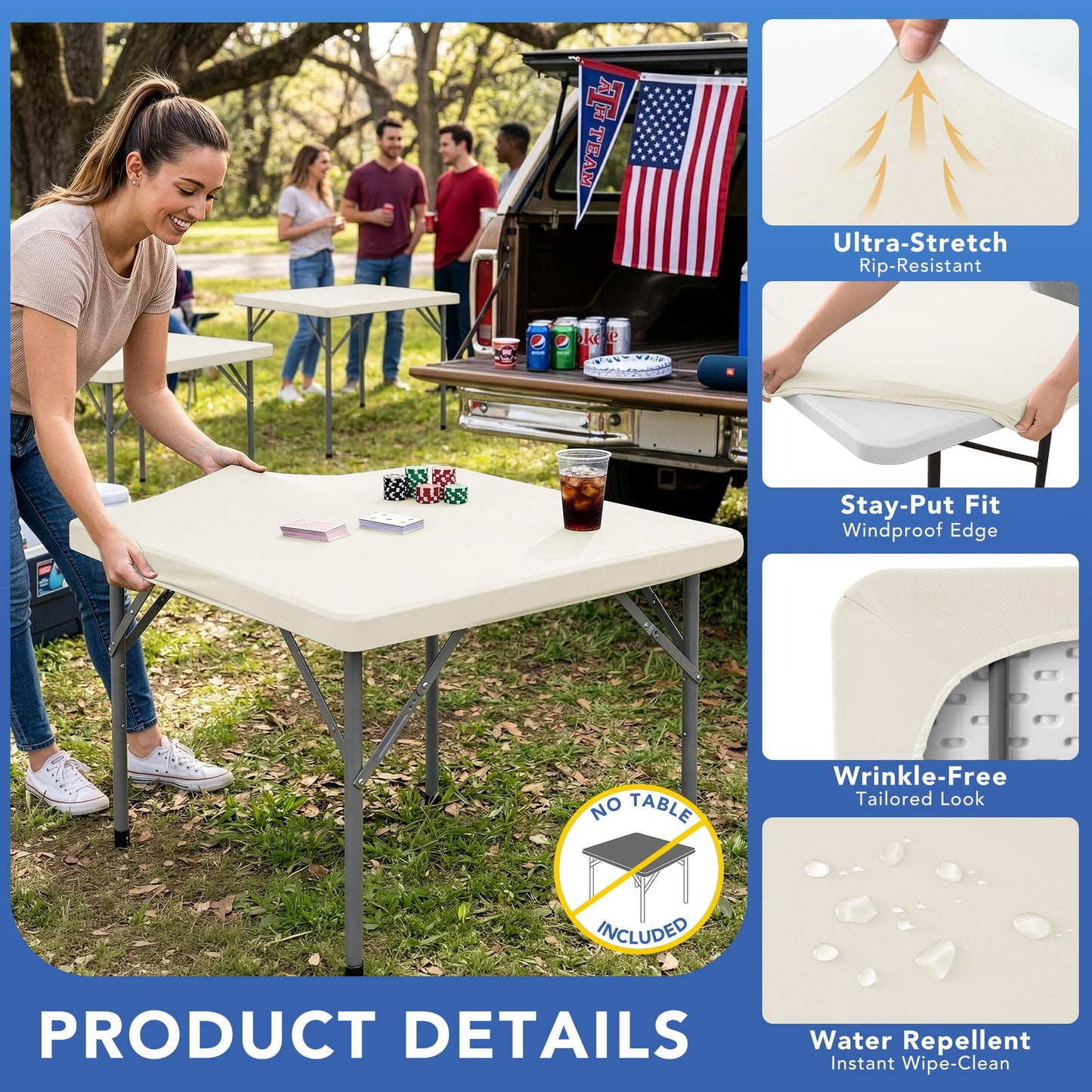 Enjoyidea Square Fitted Tablecloth 34x34 Inch-2 Pack Cream Elastic Spandex Table Cover-Small Stretch Card Folding Table Cloths Topper Cap for Kitchen Dining Picnic Patio Outdoor Party Tables