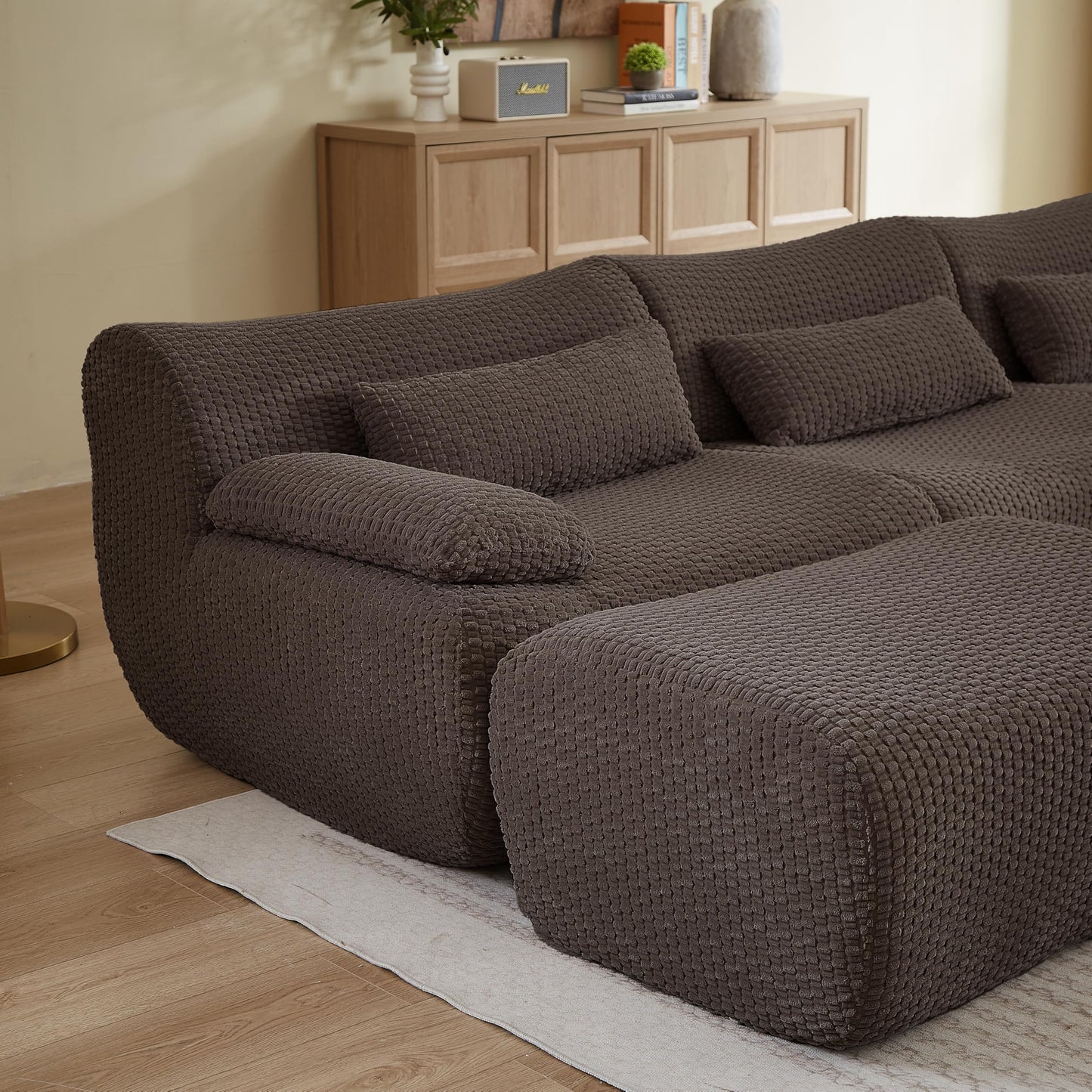 142" Oversized Cloud Sectional Couches Boneless Sofa for Living Room, Fluffy Corduroy Upholstered Corner Couch, Deep Seat Large Modular Sectional Sofa with Ottomans for Living Room