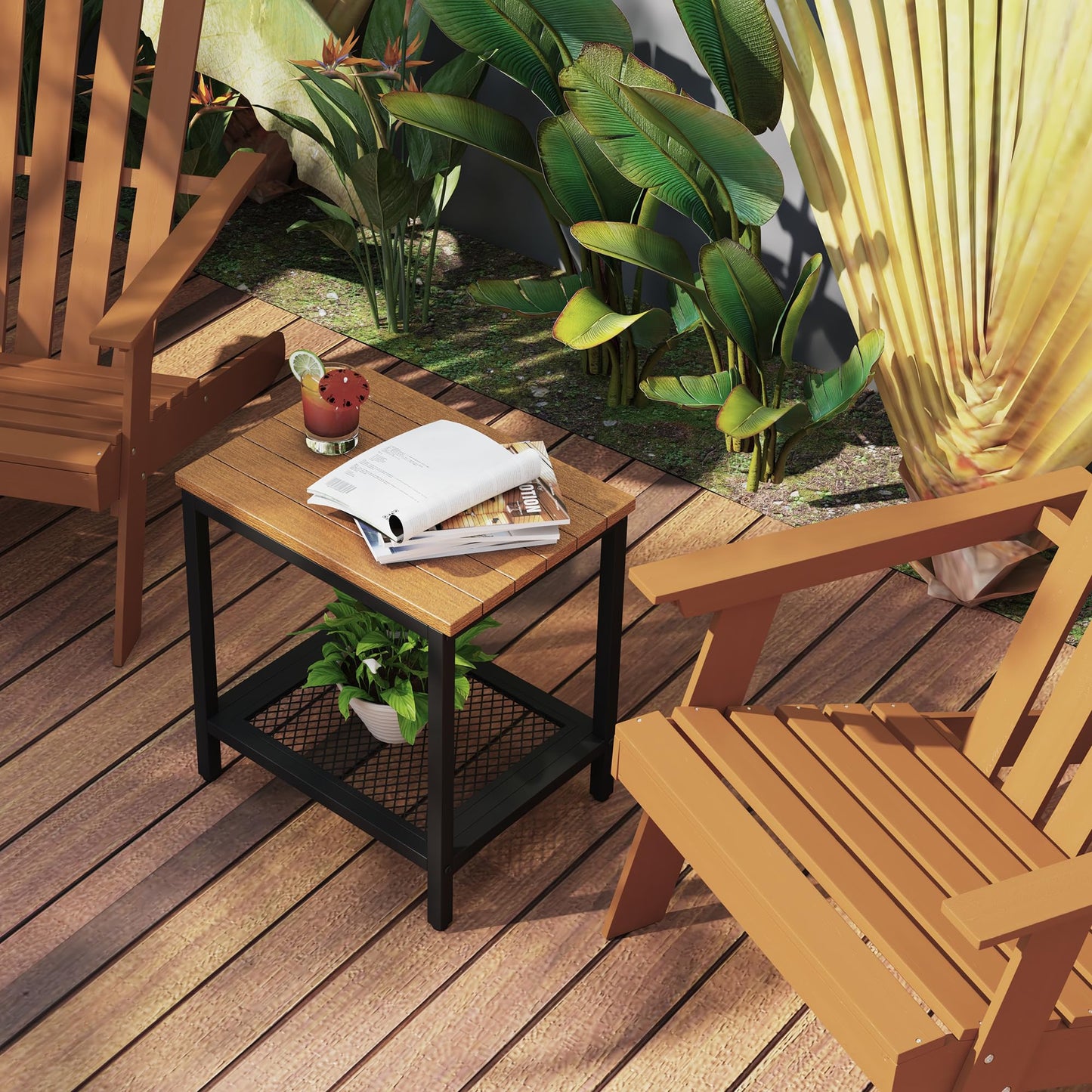 KAAPSAM Outdoor Side Table with Storage, 2-Tier Patio End Tables Weather Resistant, Black Outdoor Accent Table,Small Side Table for Pool, Deck, Garden
