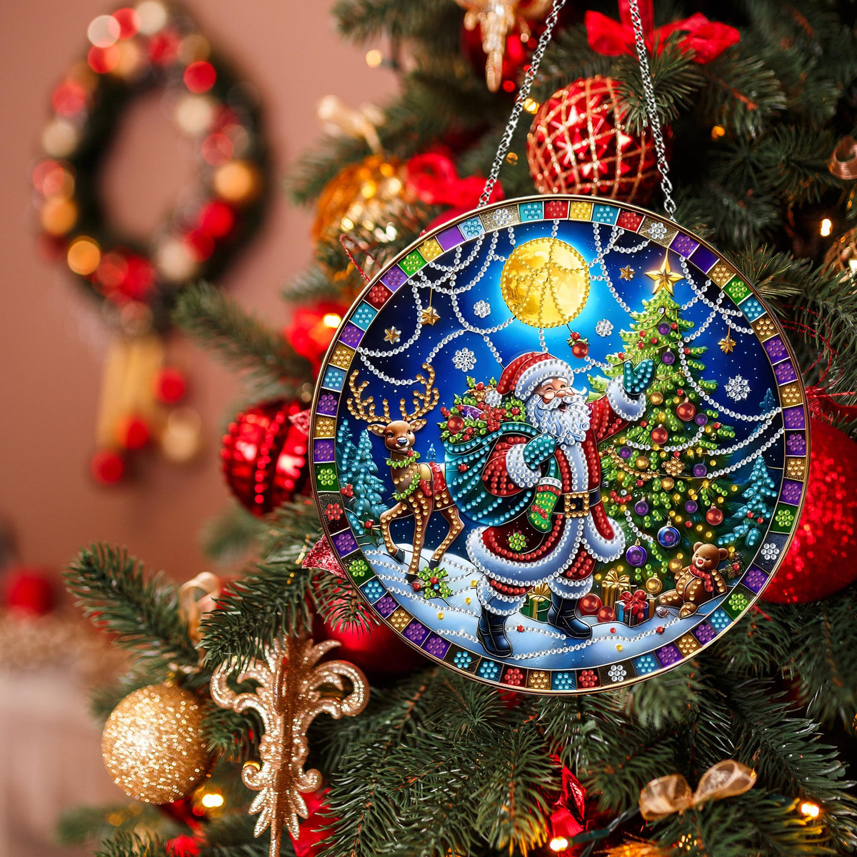 DIY Diamond Art Painting Wreath Kits，Special Shaped Rhinestone Hanging Ornament Diamond Art Window Pendants for Gift Home Garden Wall Hanging Kits,Double Sided (Santa Claus-1)