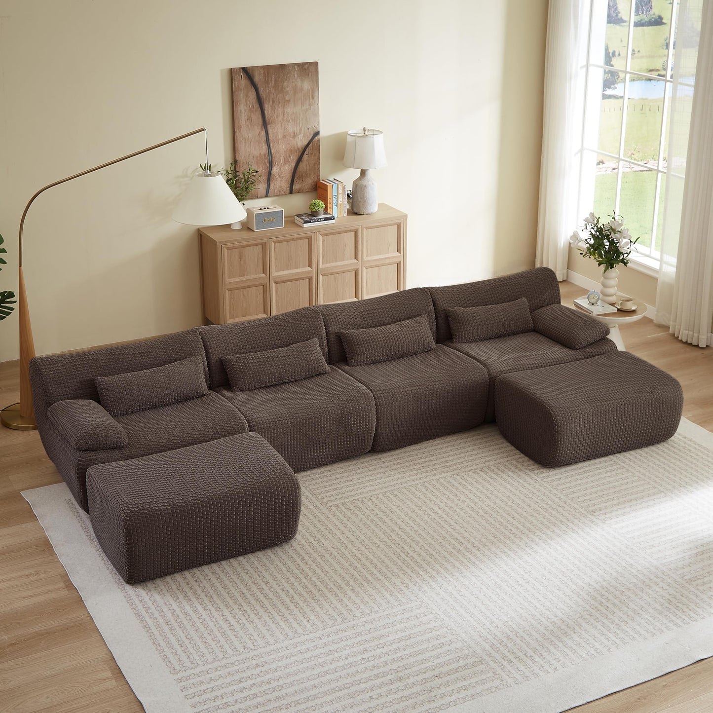 142" Oversized Cloud Sectional Couches Boneless Sofa for Living Room, Fluffy Corduroy Upholstered Corner Couch, Deep Seat Large Modular Sectional Sofa with Ottomans for Living Room
