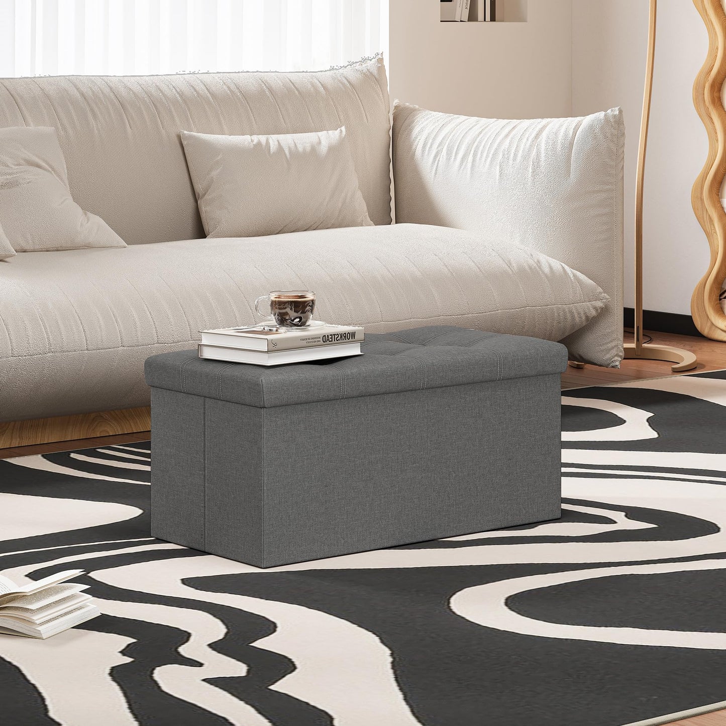 Youdesure Folding Storage Ottoman Bench, Footrest Couch for Living Room, 30 inch Storage Bench with Padded Seat for Bedroom Hallway, Holds up to 350lbs, Linen Fabric Grey