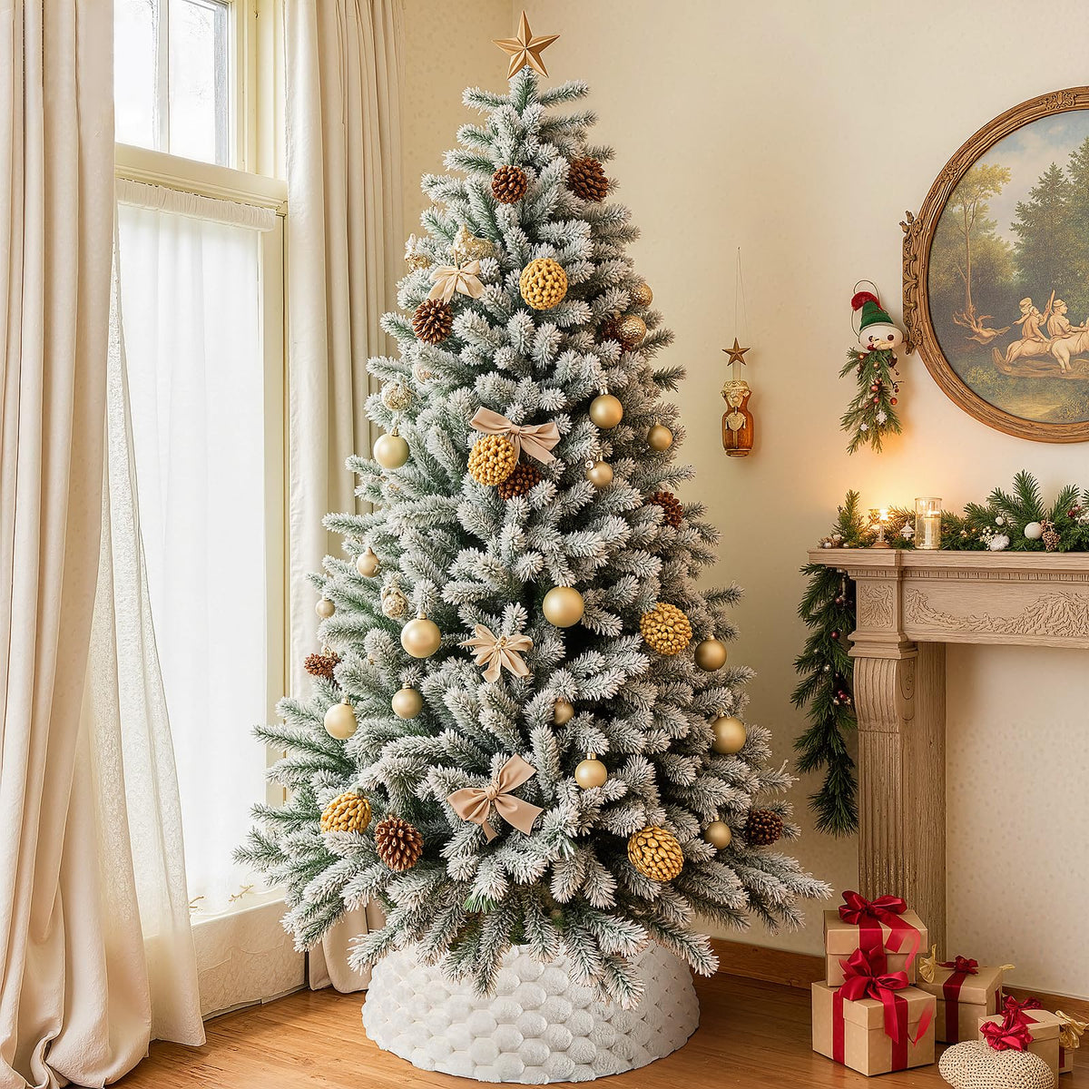 Christmas Tree Collar, Rustic White Luxury Plush Faux Fur Tree Collar with Stripe Textured Pattern, Soft Fluffy Xmas Tree Ring & Boho Tree Skirt for Indoor Home Holiday Decorations