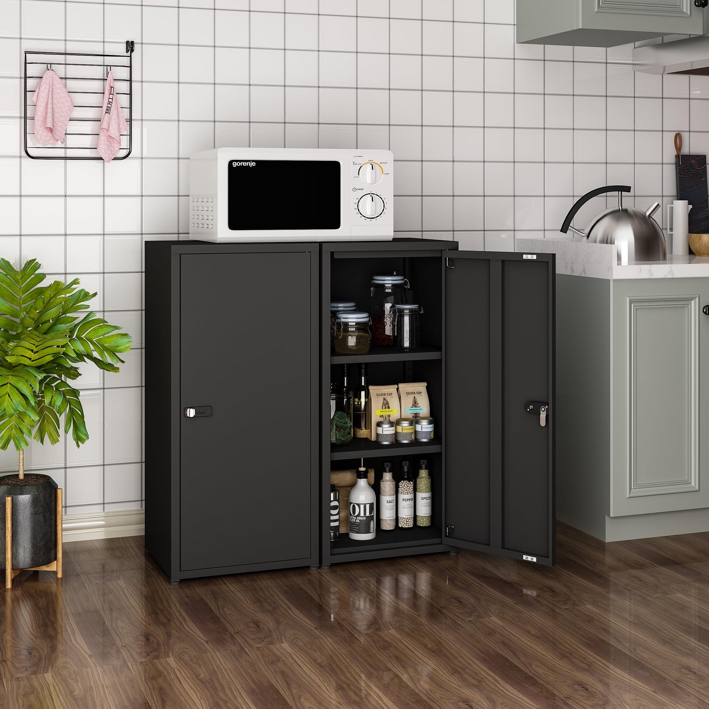 MIOCASA Metal Storage Cabinet with Lock, 3 Adjustable Shelves Single Door Steel Locker for Home, Office & Garage (Black)