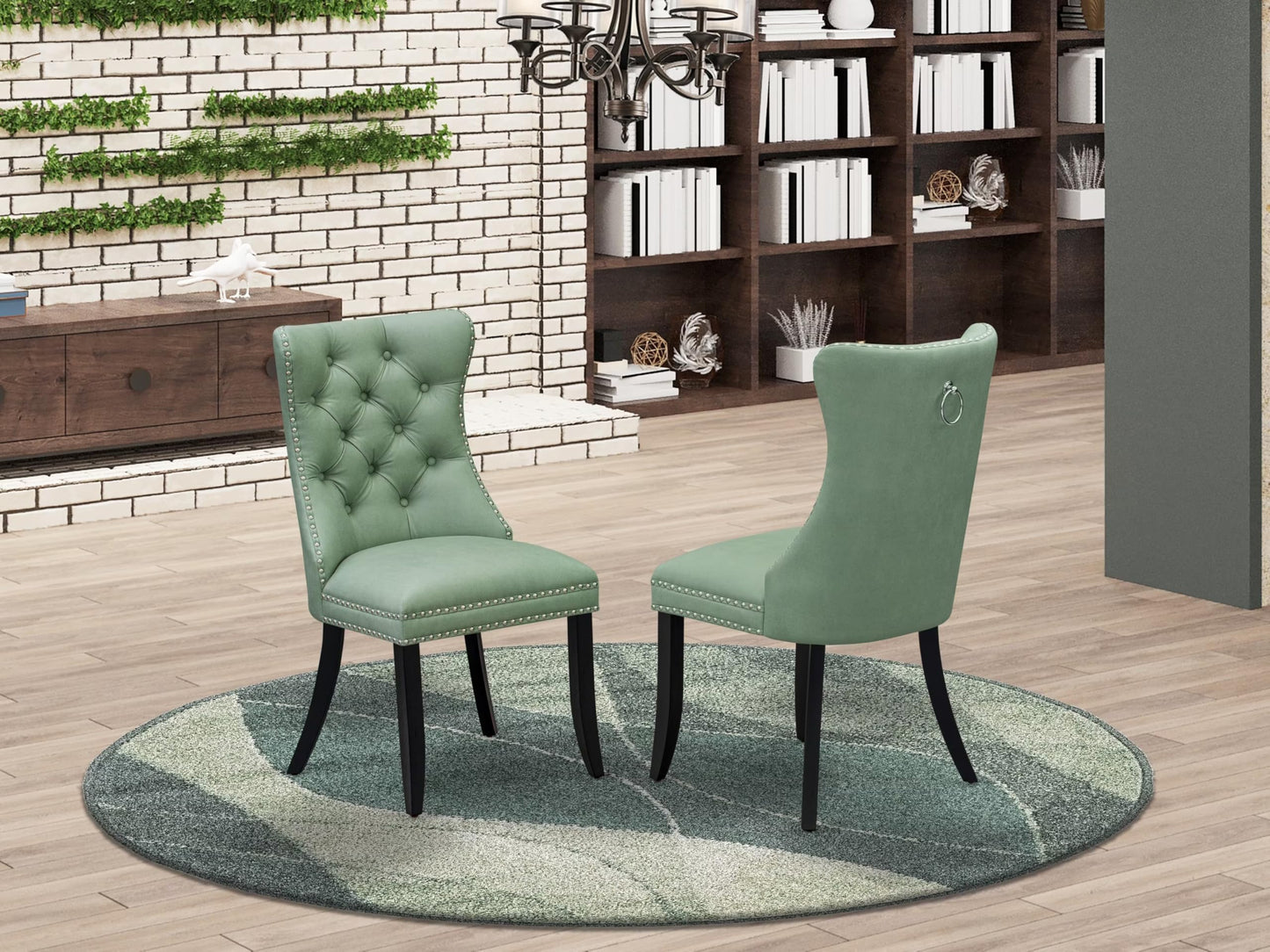 East West Furniture DAP6F22 Dallas Parson Dining Room Chairs - Button Tufted Nailhead Willow Green Polyester Fabric Padded Chairs, Set of 2, Wirebrushed Black