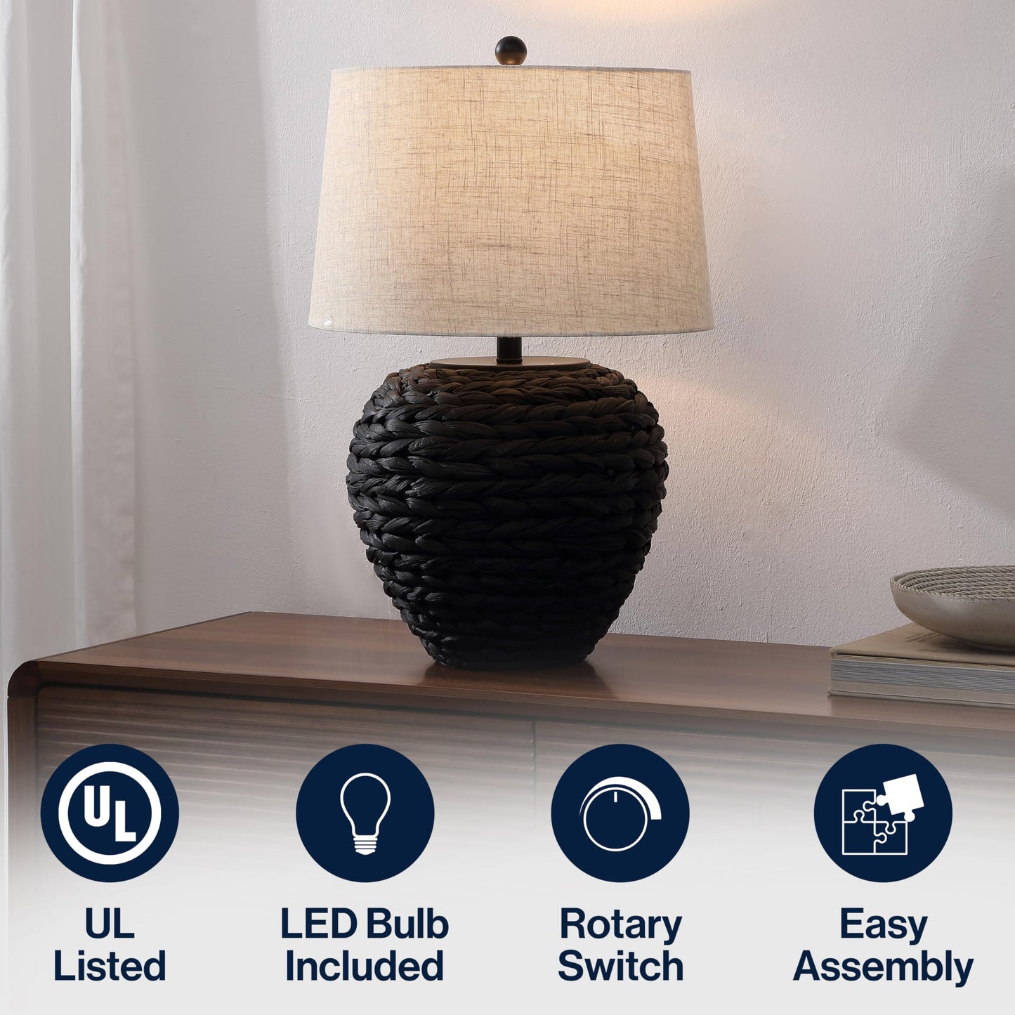 JONATHAN Y 24.5" Black Water Hyacinth Farmhouse Basket Table Lamp, Coastal Decor for Living Room Bedroom Nightstand, Light Gray Linen Shade, LED Bulb Included (JYL6501D)