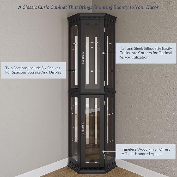 BELLEZE Lighted 3-Side Glass Display Curio Cabinet w/Tempered Glass Doors &