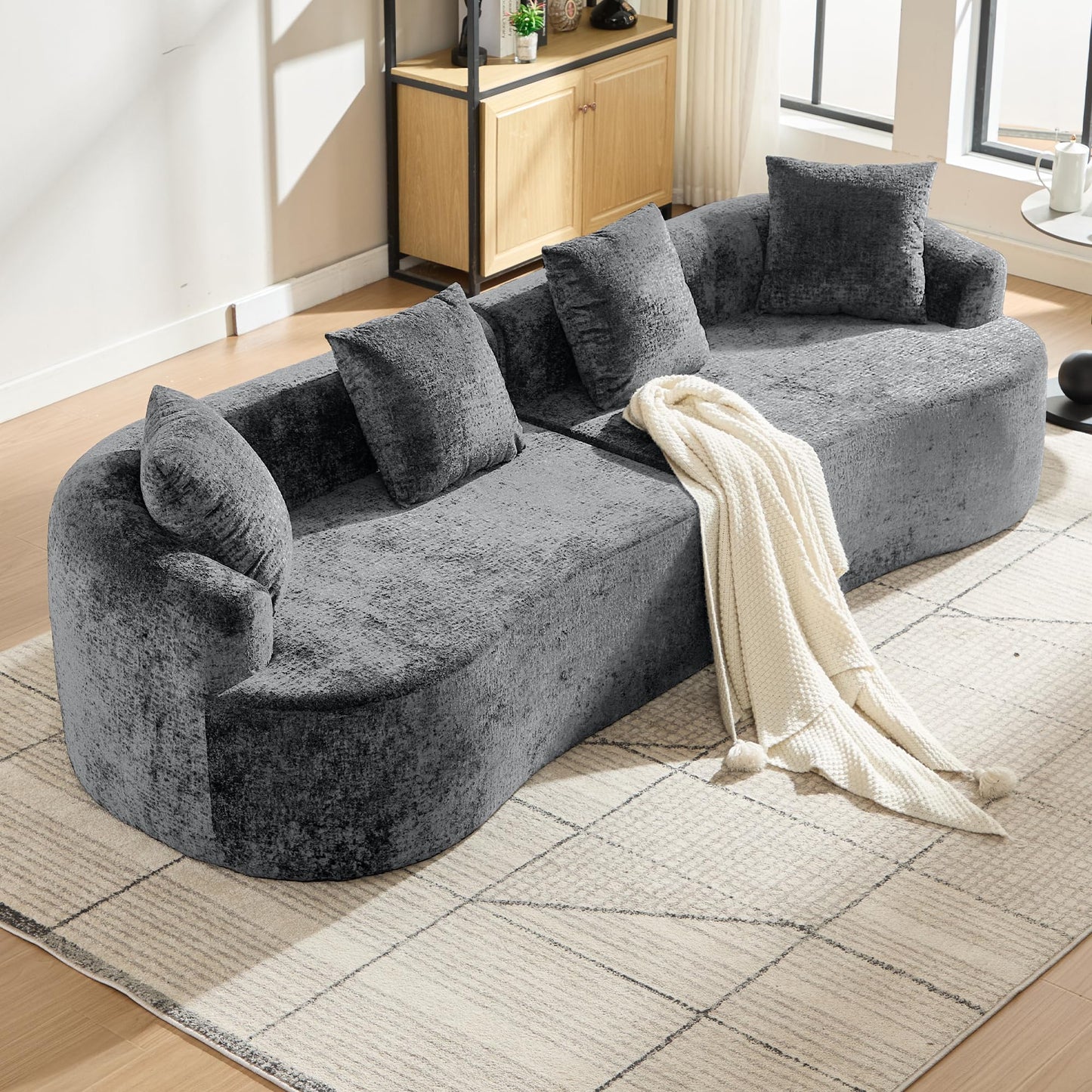 Sectional Sofa, Curved Cloud Sofa Couch, Chenille Full Sponge Chaise for Living Room, Apartment (Grey, 110 Inch)