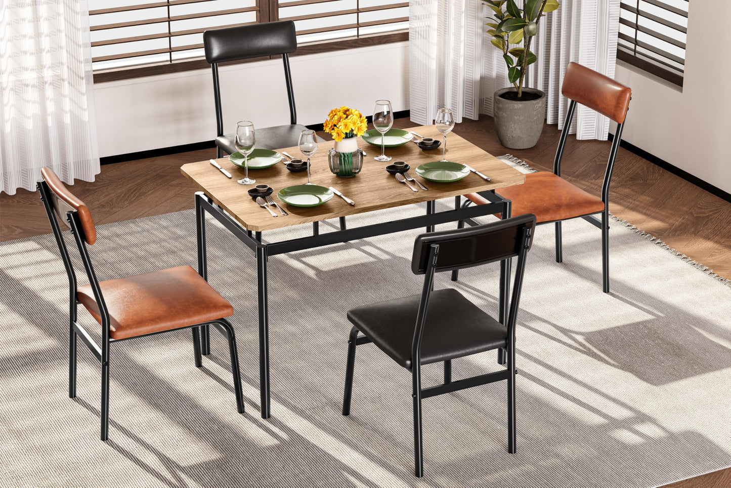 Garvee Dining Table Set for 4, 5 Piece Wooden Dining Table and Chairs, 4 PU Upholstered Chair, Modern Metal Frame Dinette Set for Dining Room, Home Dinner, Party, Apartment, Brown + Black