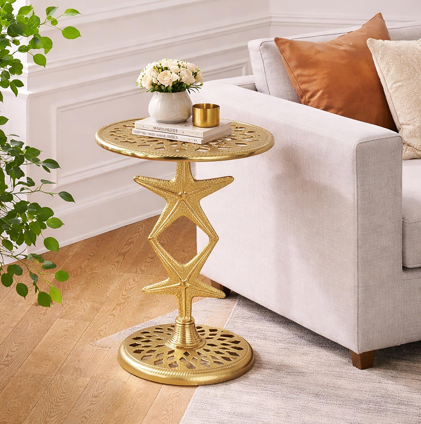 Round End Table with Metal Base for Living Room & Bedroom | Modern Side Table for Home, Office, Indoor & Outdoor Use | Pedestal Accent End Table, Gold, 15 x 19 Inch