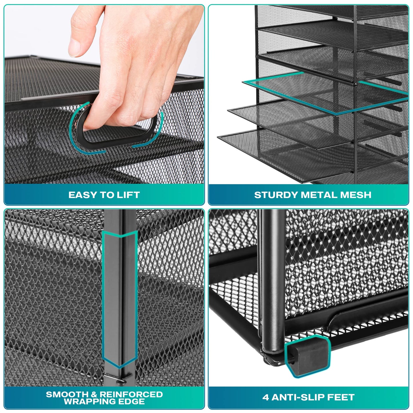 8 Tier Paper Letter Tray Organizer with Handles, Mesh Desk File Holder Storage Organization for Home School Classroom & Office (Black-with Drawer,Pen Holders)