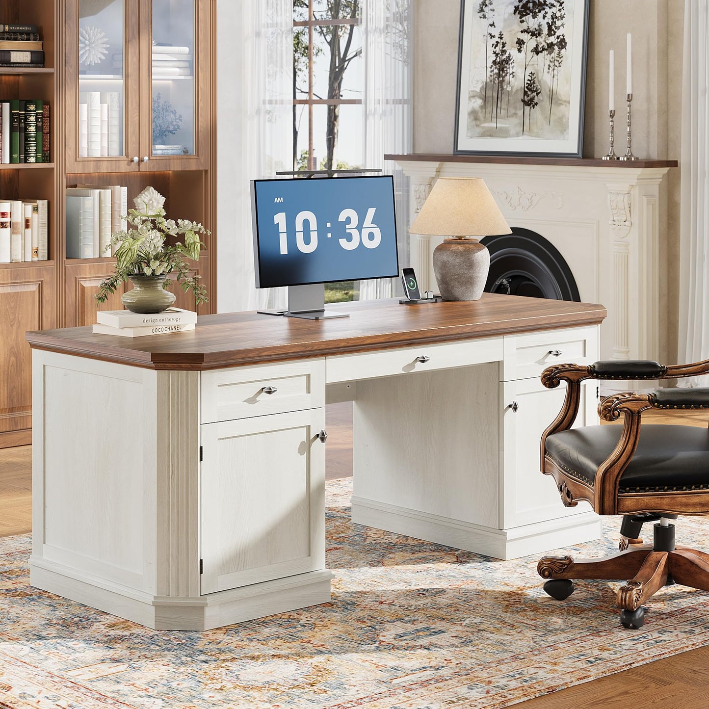 AMBERHAUS 59" Classic Executive Desk with Storage, Victorian Executive Desk with Charging Station, Keyboard Tray, 3 Drawers & Cabinet Storage & Pedestal, Easy Assembly, White