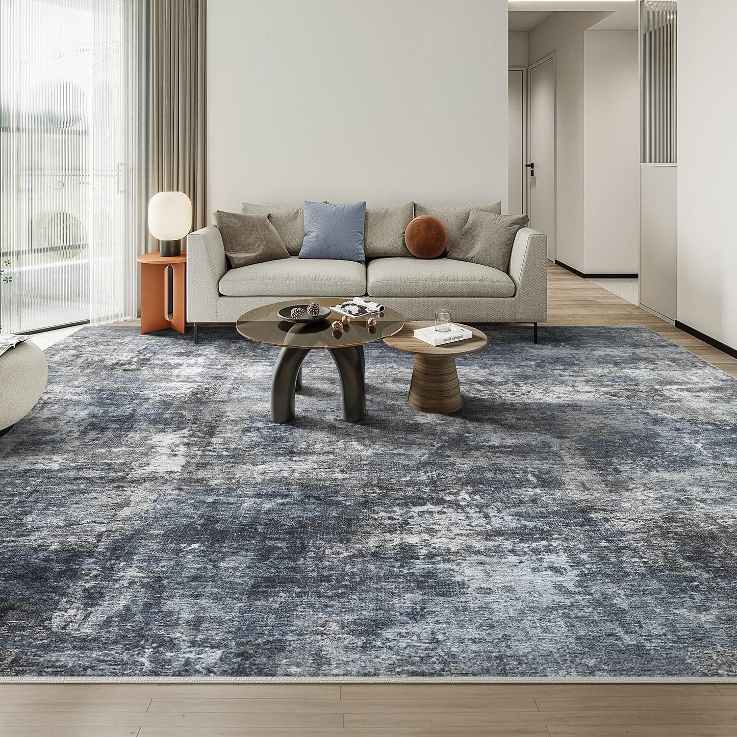 TARANCH Abstract 10x14 Area Rug: Machine Washable Non Slip Ultra Thin Low-Pile Carpet, Soft Stain Resistant for Living Dining Room Bedroom, Kid Pet Friendly, Robot Vacuum Compatible - Dark Grey/Blue