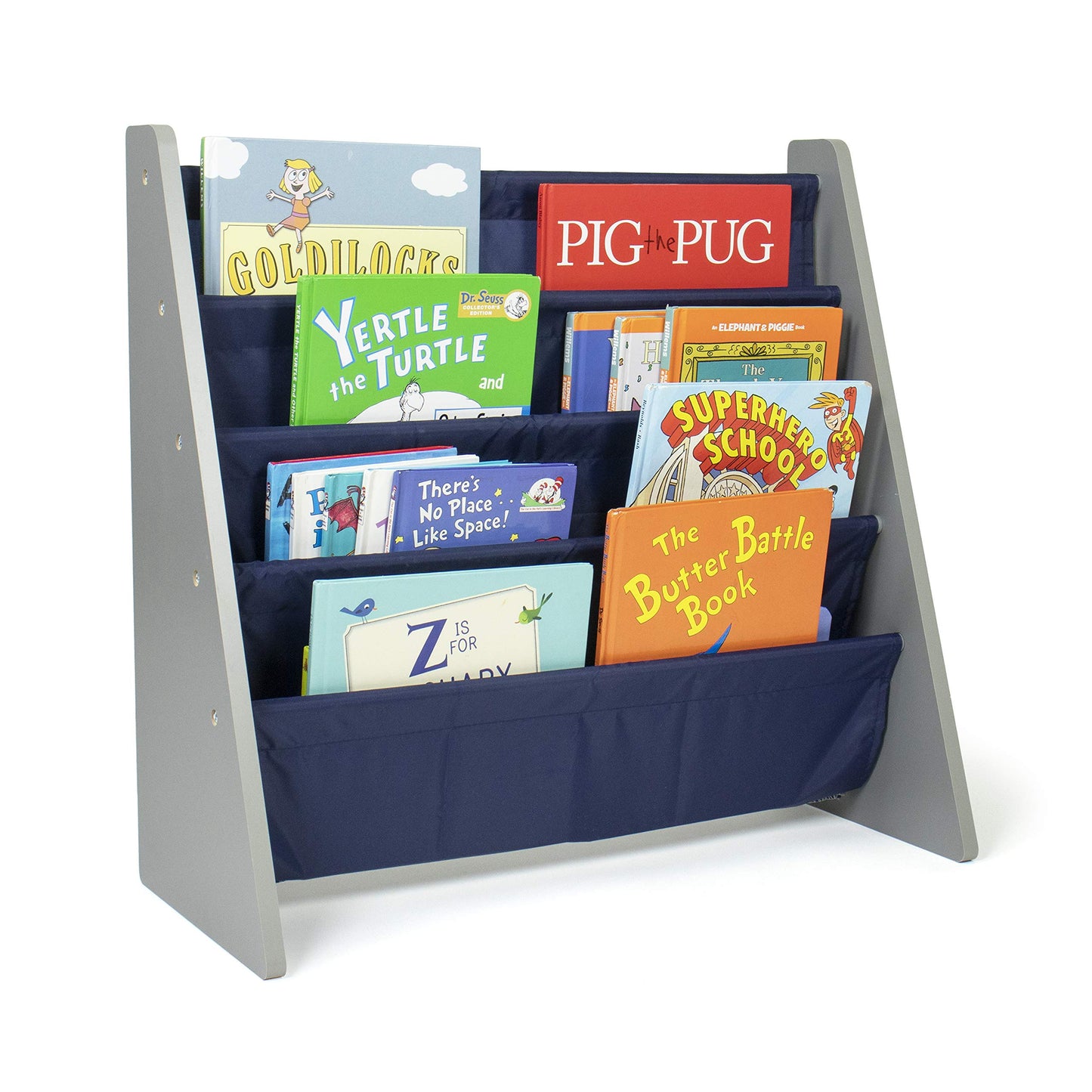 Humble Crew Kids Bookshelf, 4-Tier Front-Facing Book Display Organizer, Montessori Toddler Bookcase for Playroom, Bedroom & Reading Corner, Grey Wood/Navy