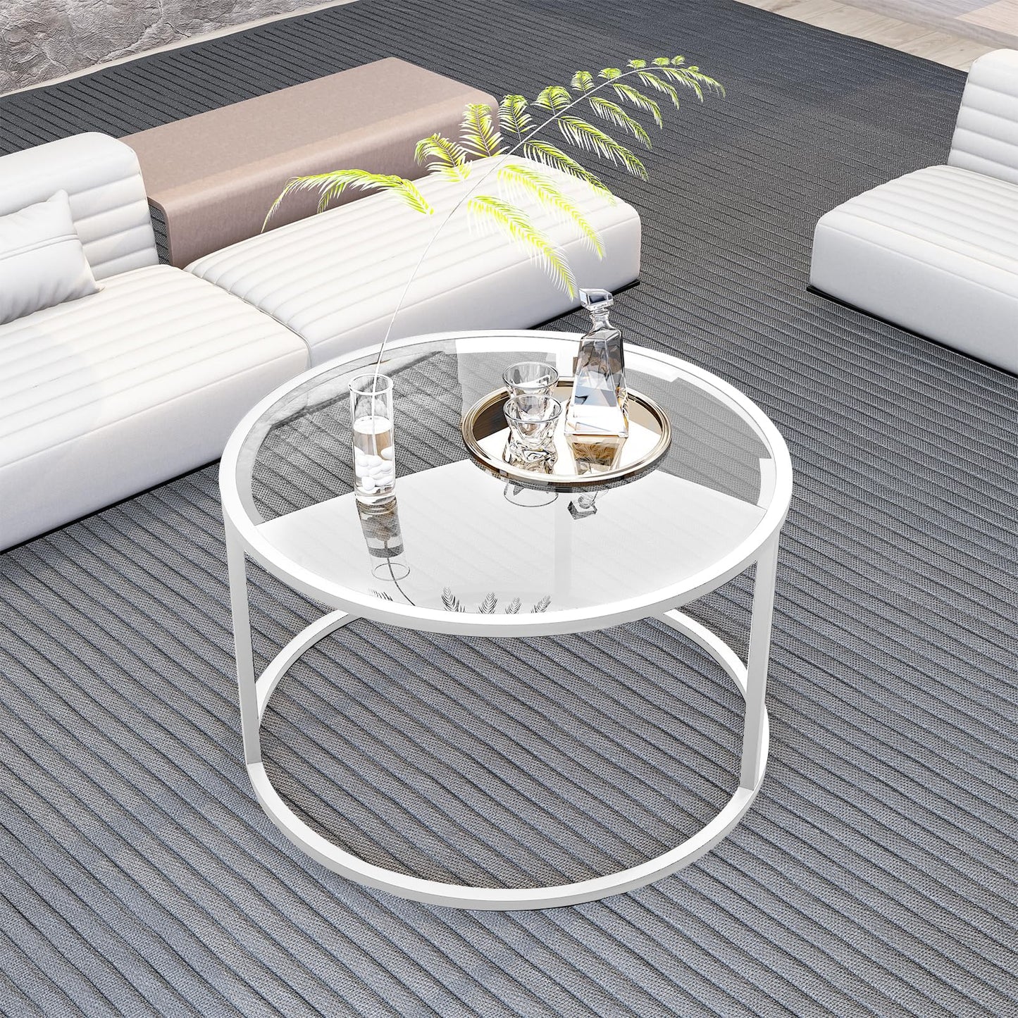 Round Glass Coffee Table for Living Room,Minimalist Modern Center Table with Metal Frame for Small Space,Easy Assembly,27 x 27In, White