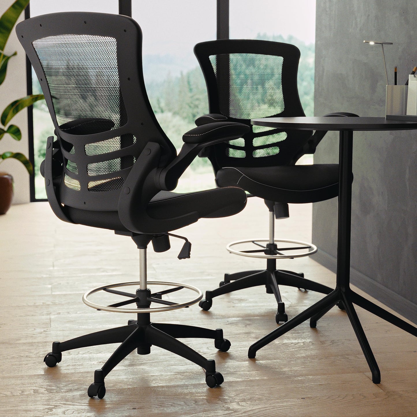 Flash Furniture Kelista Mid-Back Swivel Office Chair with Adjustable LeatherSoft Seat Height, Ergonomic Mesh Chair with Flip-Up Arms, Black