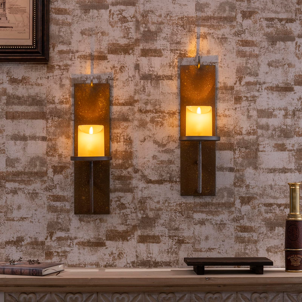 Woparty Set of 2 Vintage Wall Candle Sconce, Distressed Iron Metal, 15.6 x 3.9 inches, Rustic Farmhouse Style