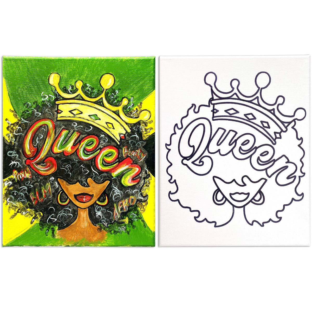 Indigo Art Studio Pre Drawn Canvas Painting for Adults Kids | Stenciled | Art Activity | Afro Queen | DIY Birthday Gift & Adult Sip and Paint with Twist Party Favor (11x14 Inches)