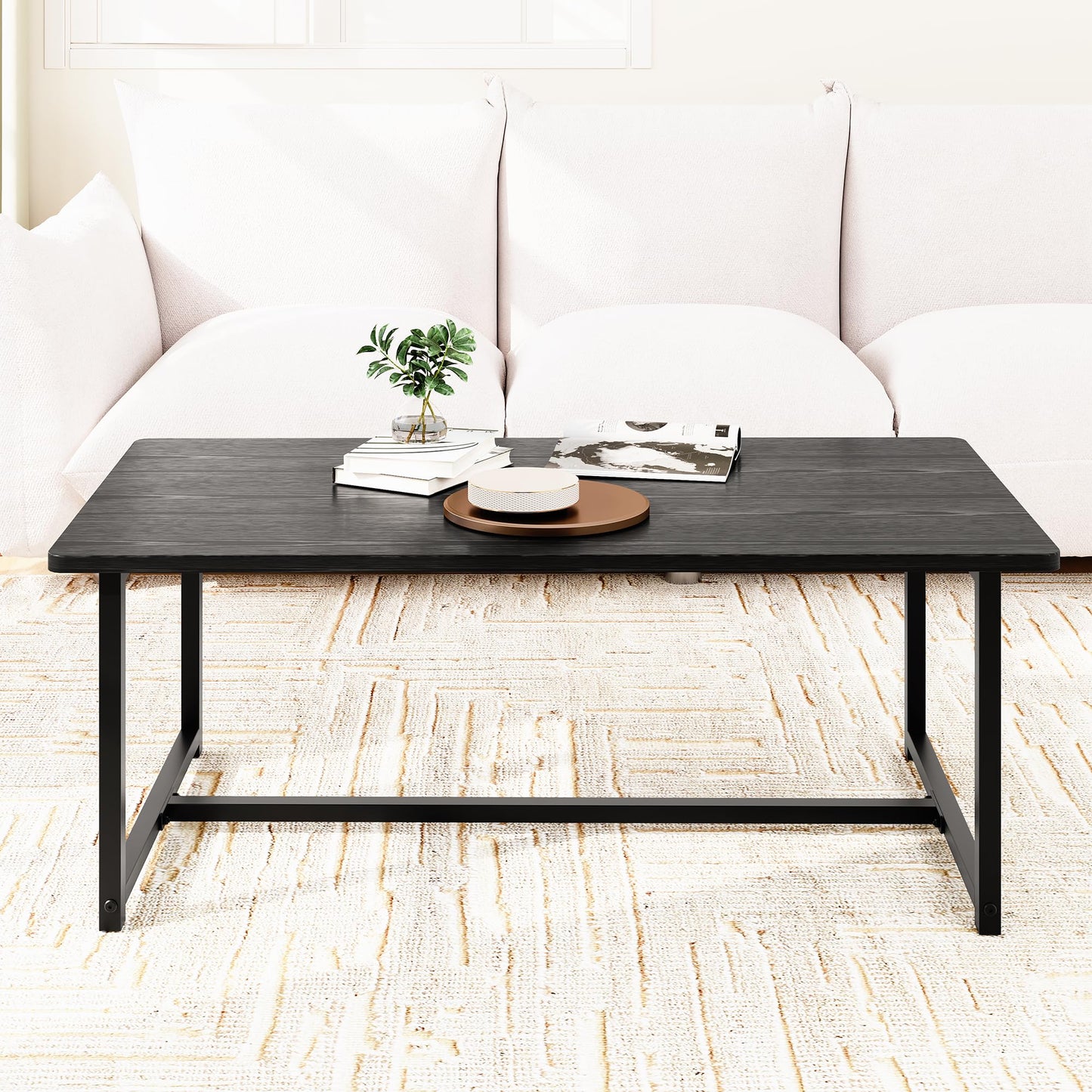 Coffee Table for Living Room, Modern Rectangular Center Coffee Tables for Small Space, Industrial Furniture, Sofa End Tables/Tea Table/Center Table, Couch Table with Metal Black Frame Black Top