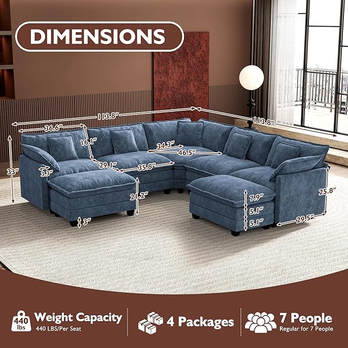 Ihanherry 114" V-Shaped Modern Sofa Modular Sectional Cloud Couch