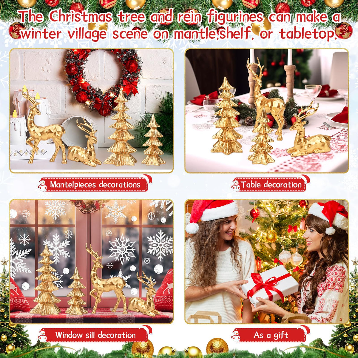 DARCKLE 4-Piece Gold Christmas Tree Figurines and Resin Elk Sculpture Small Resin Christmas Trees,Tabletop Tree Artificial Animal Crafts for Indoor Home Decor,Tabletop Mantle Cabinet Desktop Offic