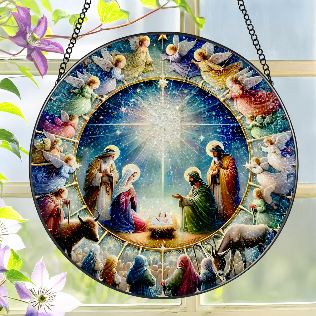 Stained Glass Window Hanging, LAOWEIKI 8'' Nativity Scene Suncatcher, Stained Glass Ornament, Window Decor, Outdoor or Indoor, Christian Gifts, Religious Gifts for Women