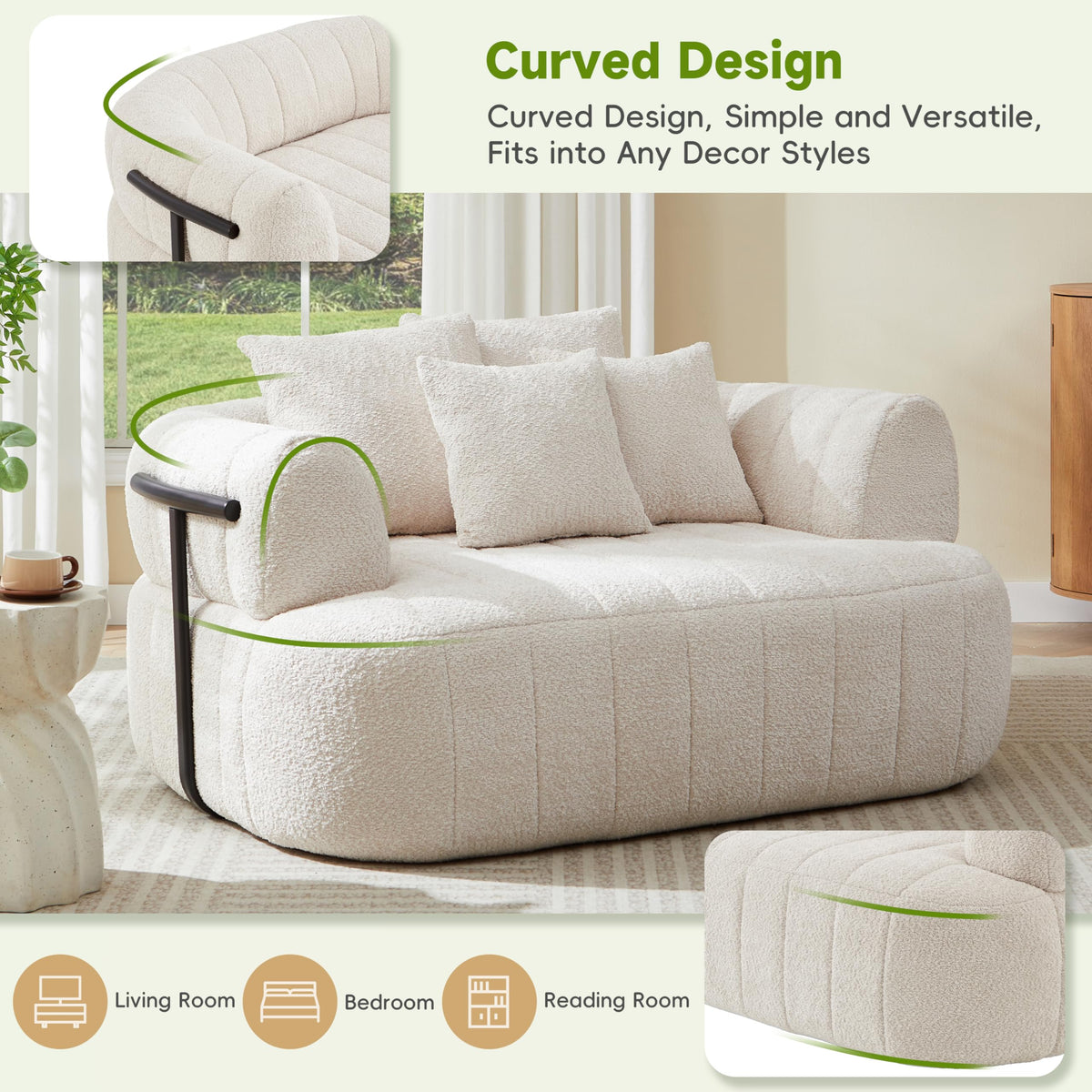 GDFStudio 64" Boneless Chair Indoor, Oversized Accent Chair with Deep Seat, Boucle Upholstered Big Comfy Couch Single Sofa, Modern Boneless Chaise Lounge Couch Chair for Living Room Bedroom, Beige