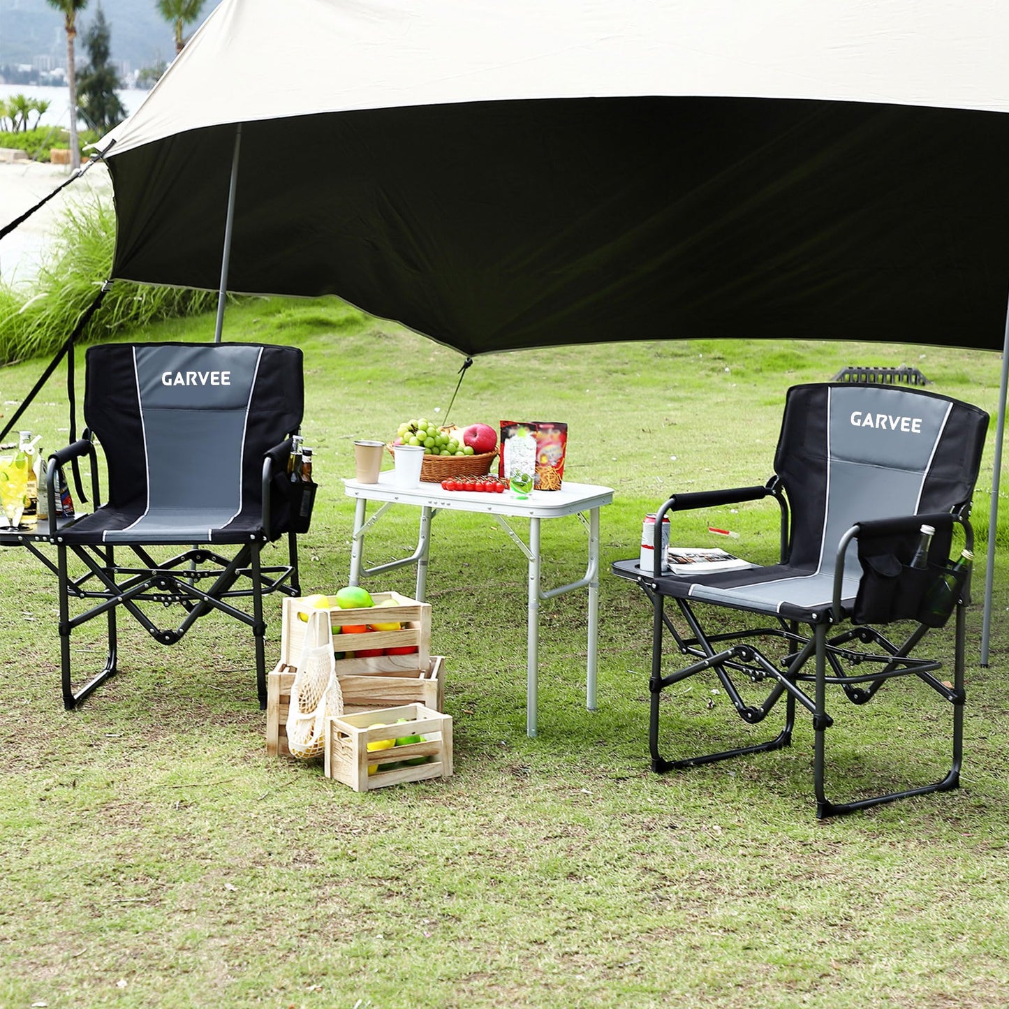 GarveeLife Oversized Directors Camping Chair, Portable Folding Chair for Adults Support 400 lbs, Heavy Duty Lawn Chair with Side Table, for Camping, Sports, Picnic, Beach, Fishing (1 PCS, Black)