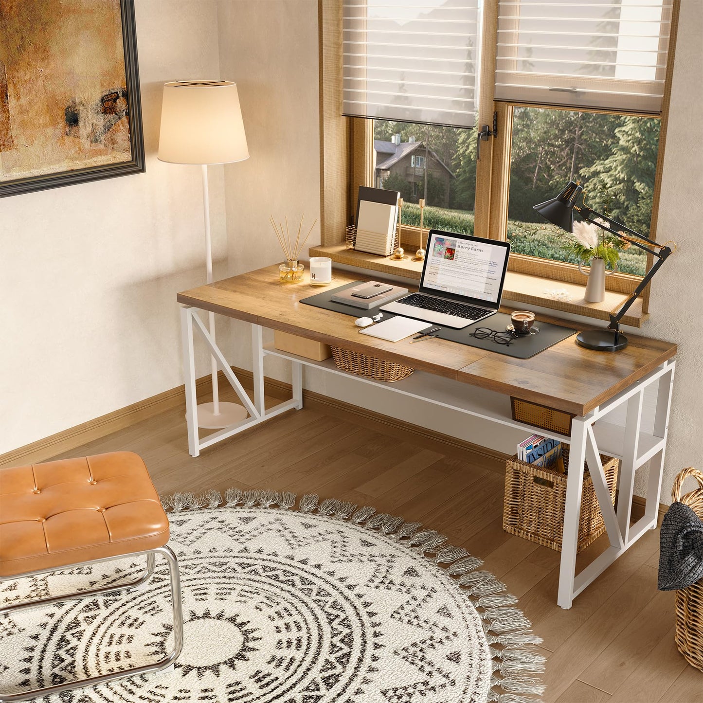 LITTLE TREE 63-Inch Executive Office Desk, Large Computer Desk with Storage Shelf, Executive Desk with Metal Frame, Thickened Desktop, Study Writing Desk Work Station for Home Office, Rustic + White