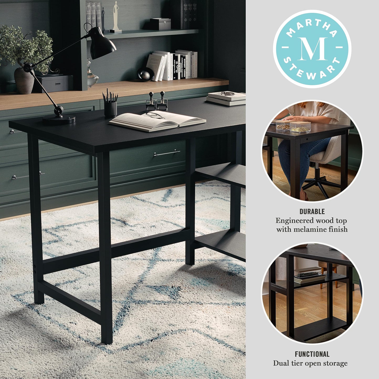 Martha Stewart Beckett Modern Trestle Desk with Open Side Shelving in Black Wood Grain Finish
