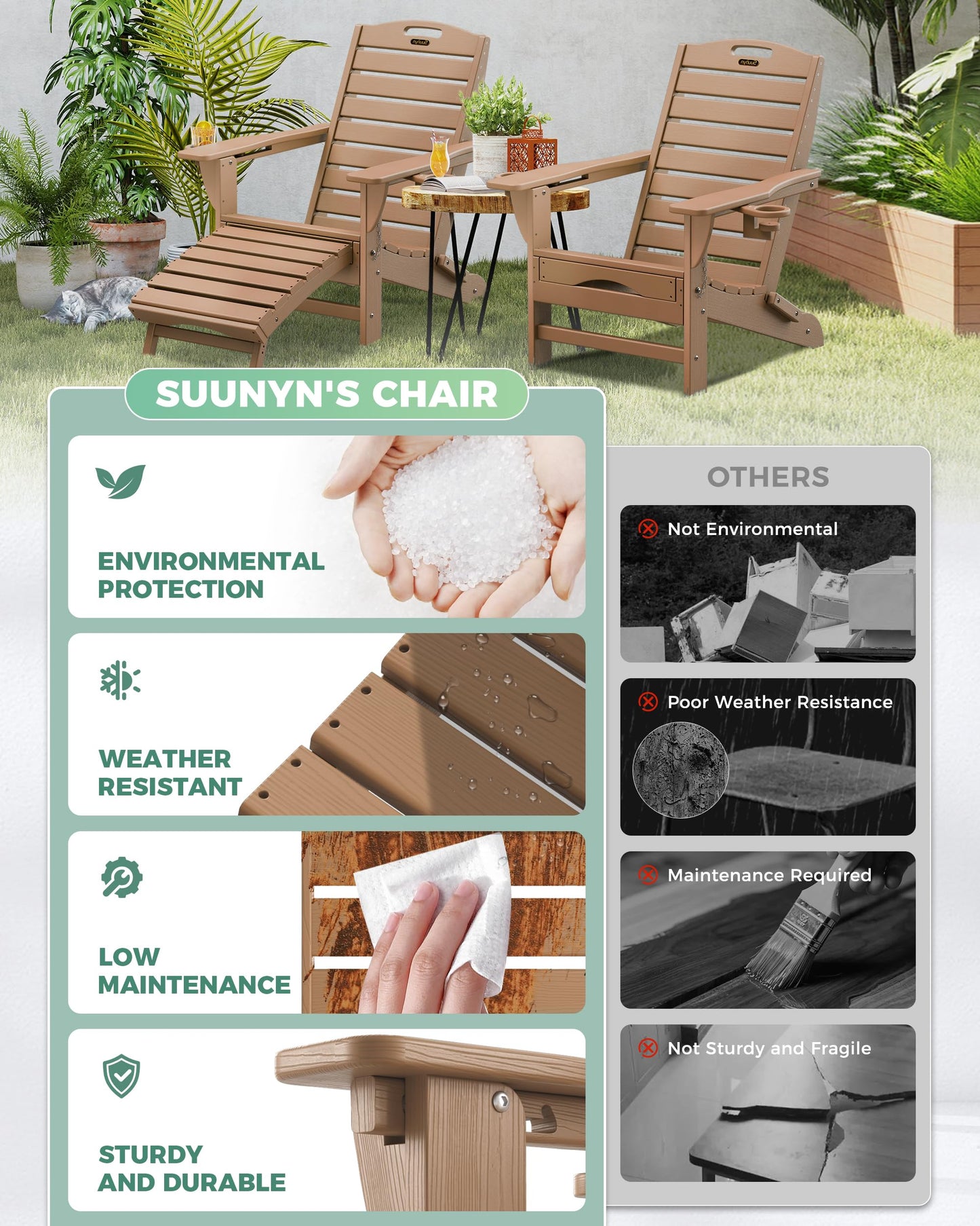 SUUNYN Folding Adirondack Chair with Retractable Ottoman Weather Resistant Fire Pit Chair Patio Chair with 2 Cup Holder Lawn Outdoor Lounge Chair (Teak)