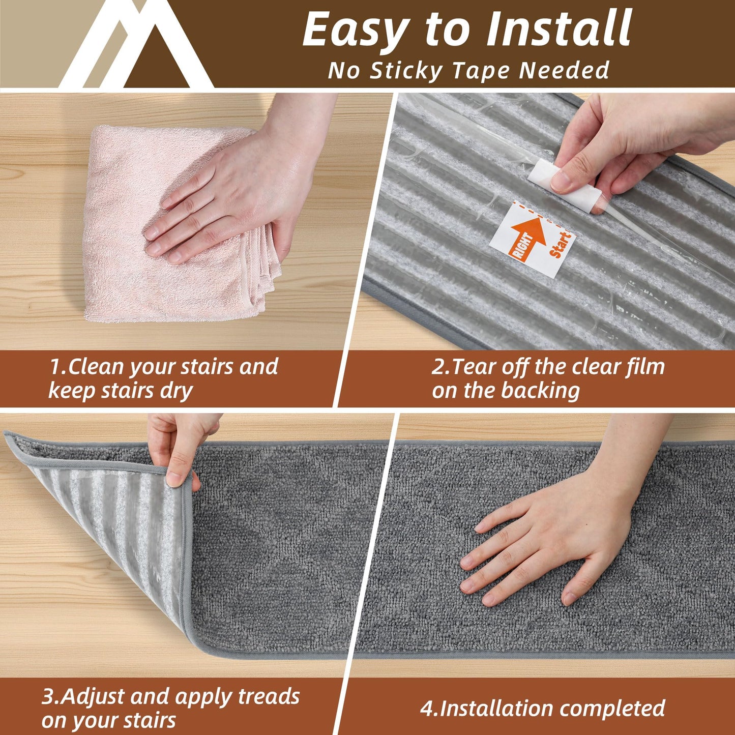 COSY HOMEER Stair Treads for Wooden Steps 9"x28" Washable Indoor Carpet Stair Treads Non Slip Soft Polyester Stair Carpet Tread Reusable Stair Runner Rugs for Kids, Elders,Pets,Medium Grey,4pcs