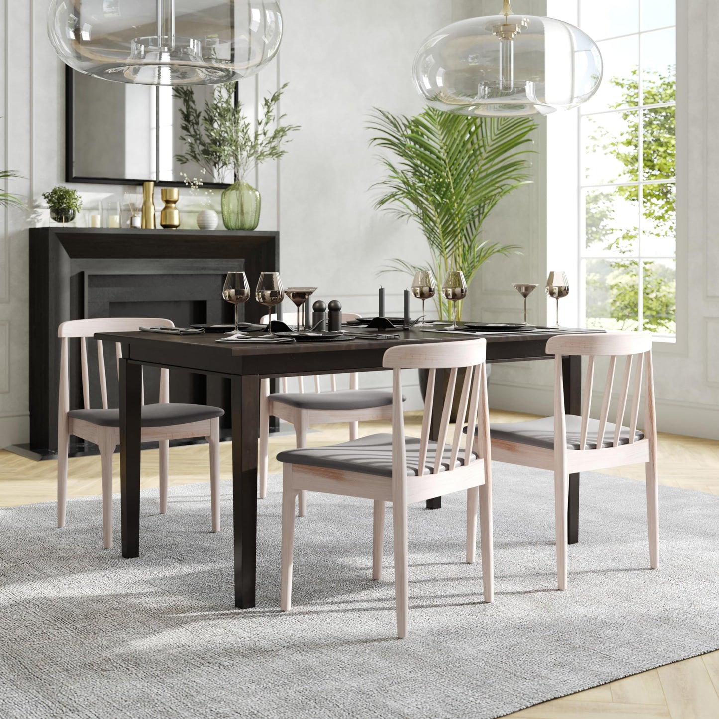 Flash Furniture Chester Solid Wood Dining Chair, Commercial Grade Restaurant Chair with Curved Spindle Backrest and Vinyl Padded Seat, Set of 2, Antique White/Beige