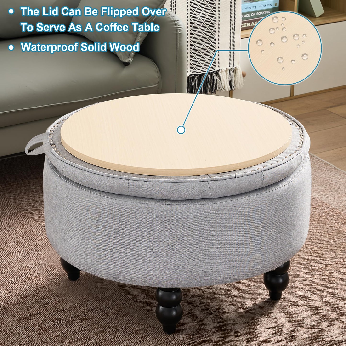 UDAX 30 Inch Round Ottoman with Storage, Tufted Linen Storage Bench for Bedroom, Living Room & Entryway, Modern Upholstered Coffee Table with Wooden Black Legs, Light Grey