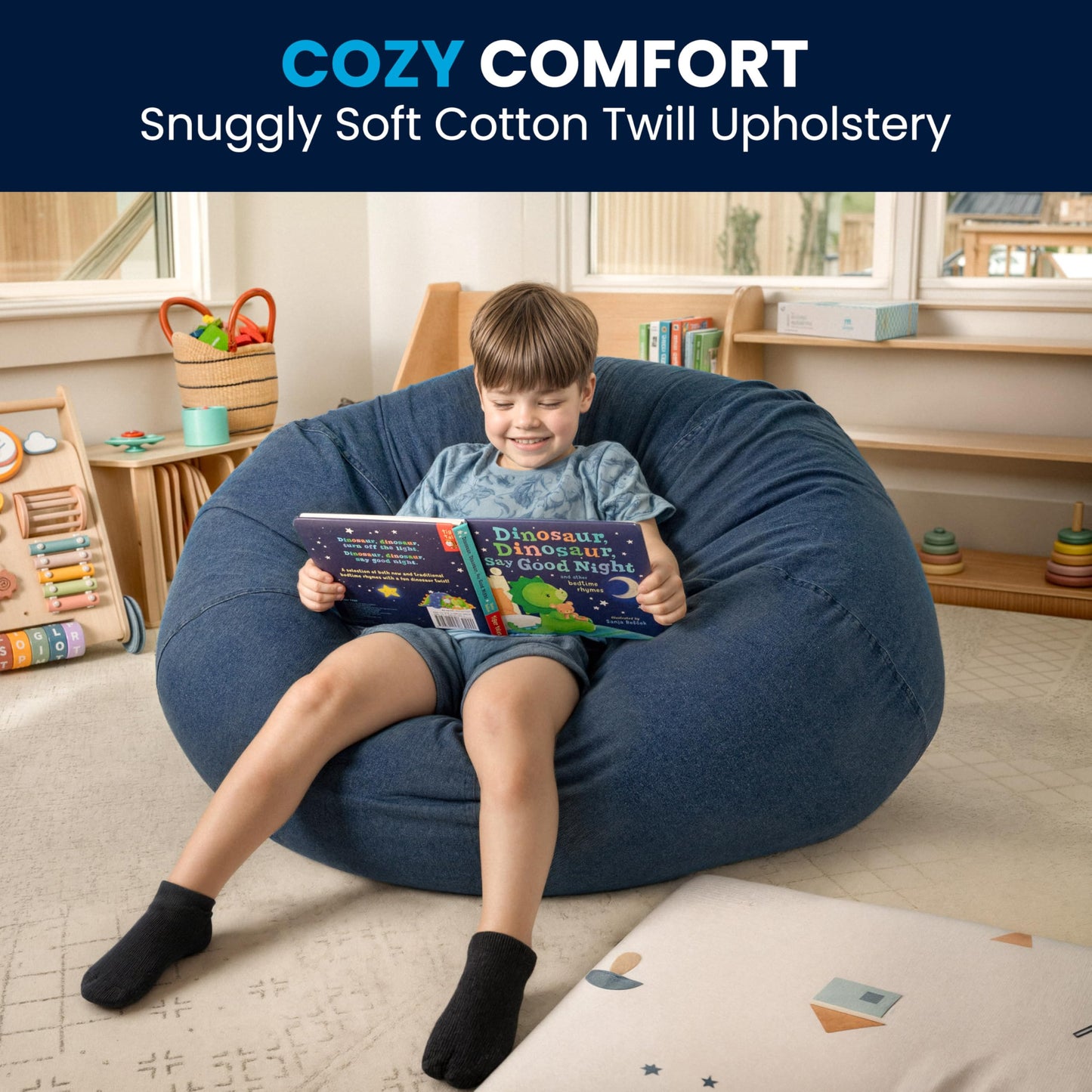 Flash Furniture Duncan Oversized Bean Bag Chair for Kids and Adults, Foam-Filled Beanbag Chair with Machine Washable Cover, Denim