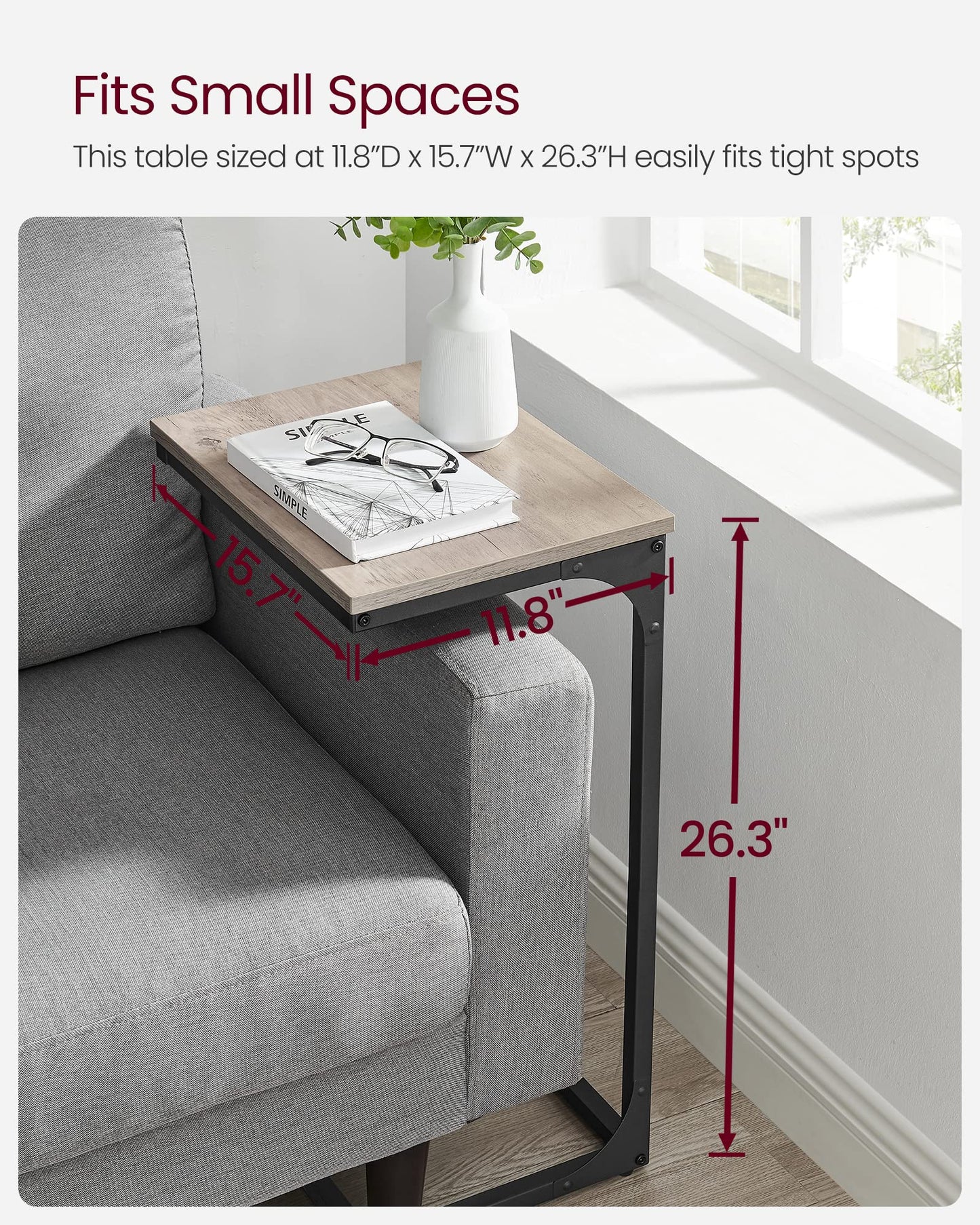 VASAGLE C-Shaped End Table, Side Table for Sofa, Couch Table with Metal Frame, Small TV Tray Table for Living Room, Bedroom, Greige and Black ULET353B02