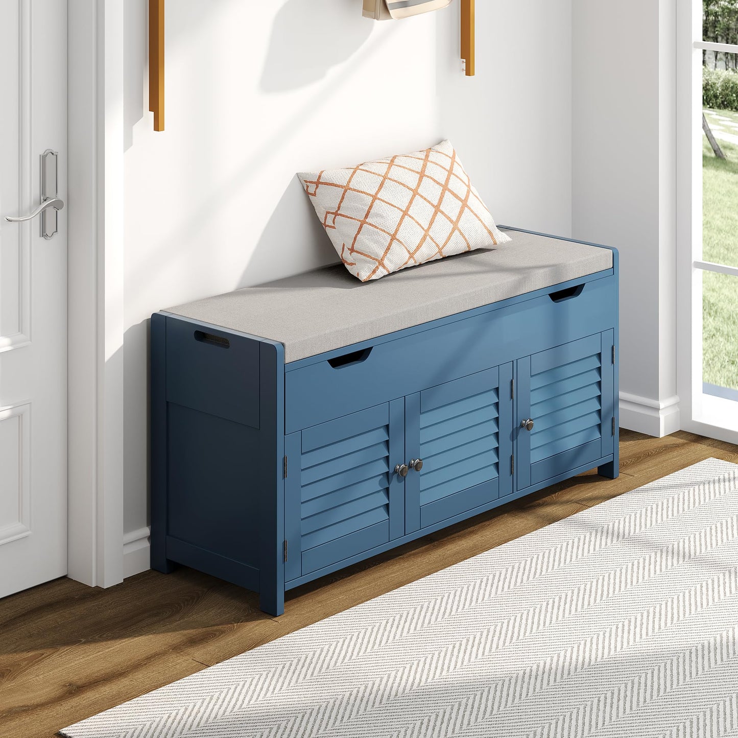 ChooChoo 41.3" Shoe Storage Bench with Lift Top Storage, Entryway Bench with Cushioned Seat, Adjustable Shelf, Shoe Cabinet with Hidden Space, for Entryway, Bedroom, Living Room, Blue