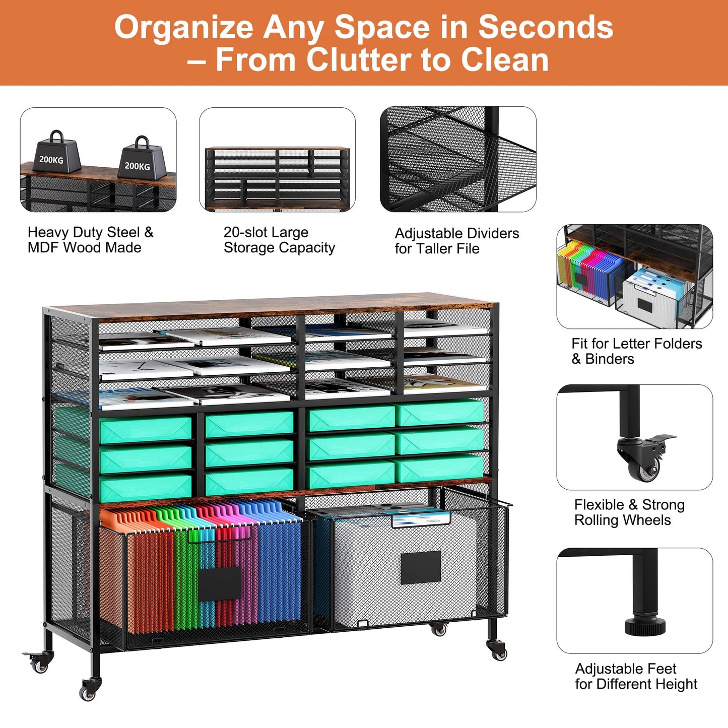 EasyPAG Rolling Cart with 2 Storage Drawer, Under Desk Filling Cabinet with Mail Sorter, Pull Out Hanging File Rack for Letter Size Folders, Mobile Utility Craft Cart for Home Office, Black