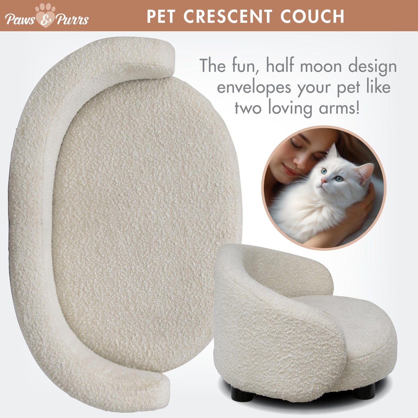 Paws & Purrs Arc Crescent Back Sofa Style Pet Bed, Dog & Cat Modern Couch with Tufted Cushion & Armrest, Stylish Indoor Pet Furniture, Boucle Ivory
