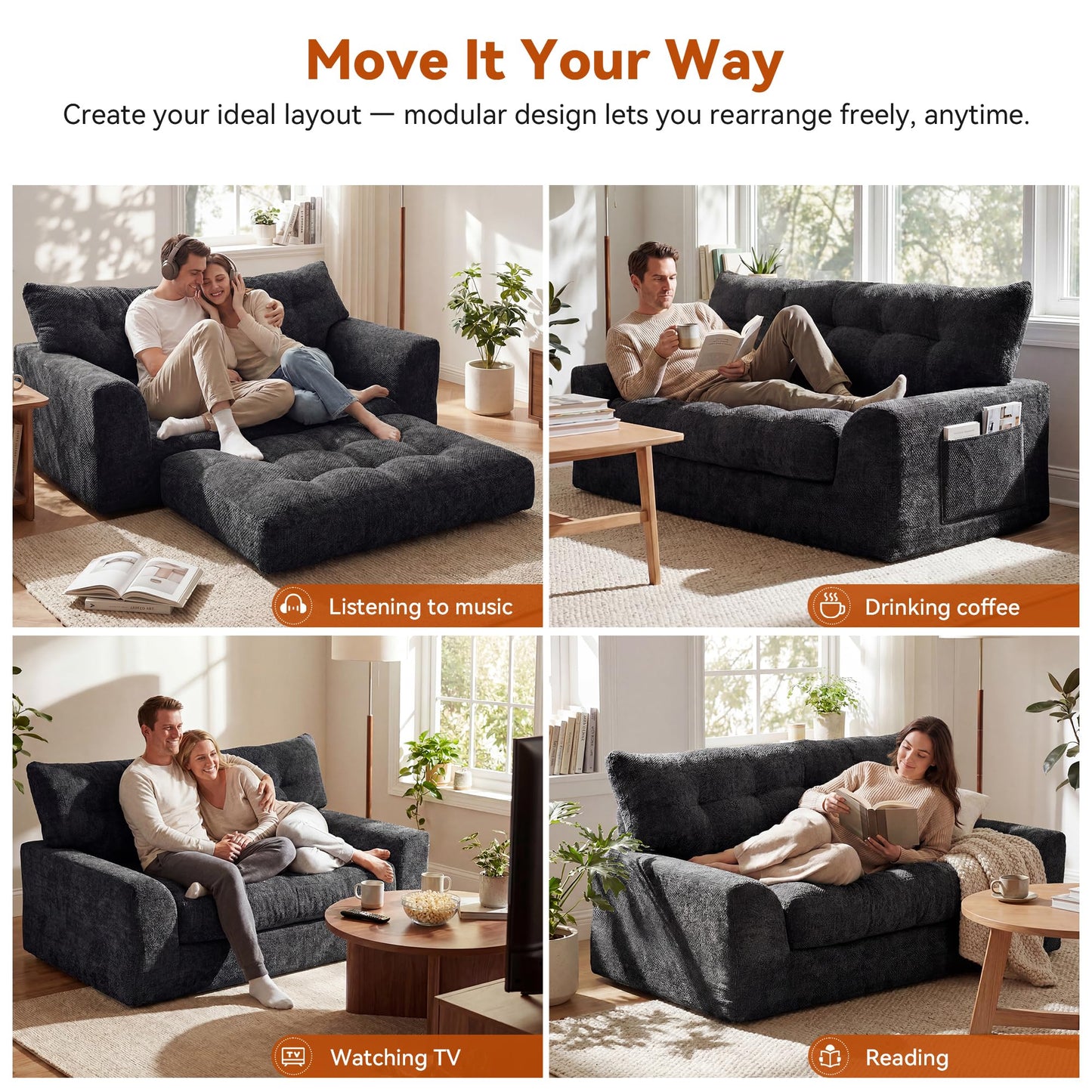 MONVANE 55.5" Convertible Loveseat Sofa Bed, 2-in-1 Boneless Sleeper Sofa Couch with Storage Pocket, Comfy Chenille Deep Seat Couch for Living Room, No Assembly Required, Black