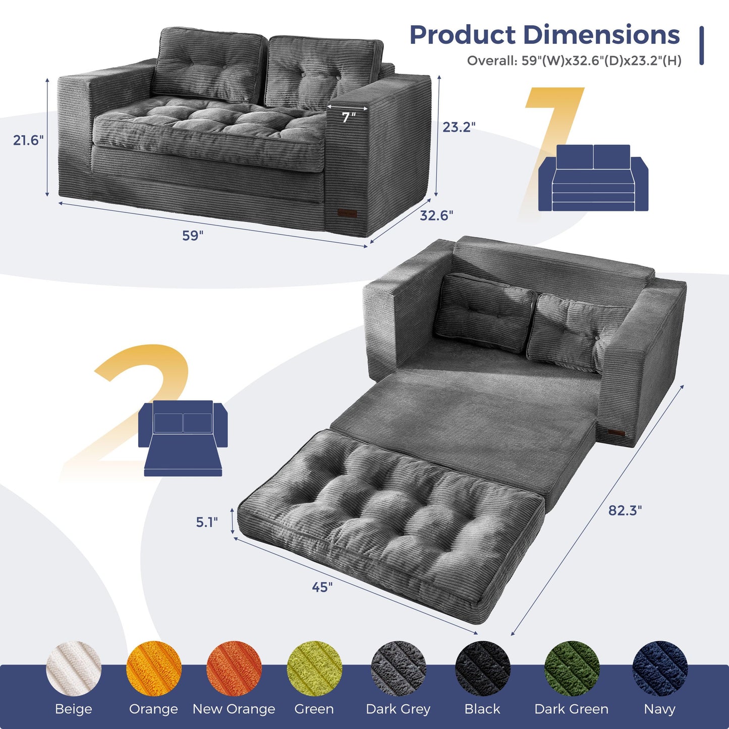 MAXYOYO Convertible Sofa Bed, Loveseat Sofa Couch for Adults, 2 in 1 Folding Couch Bed, Fold Out Floor Couch for Living Room Bedroom Lounge, Dark Grey