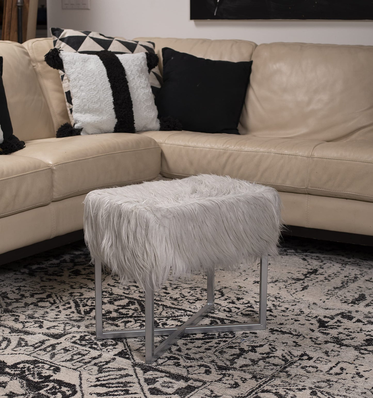 BIRDROCK HOME Rectangular Faux Fur Vanity Foot Stool Ottoman with Metal Legs - Small Soft Padded and Fluffy Makeup Seat or Foot Rest for Bedroom, Desk, or Dressing Table (Gray and Silver)