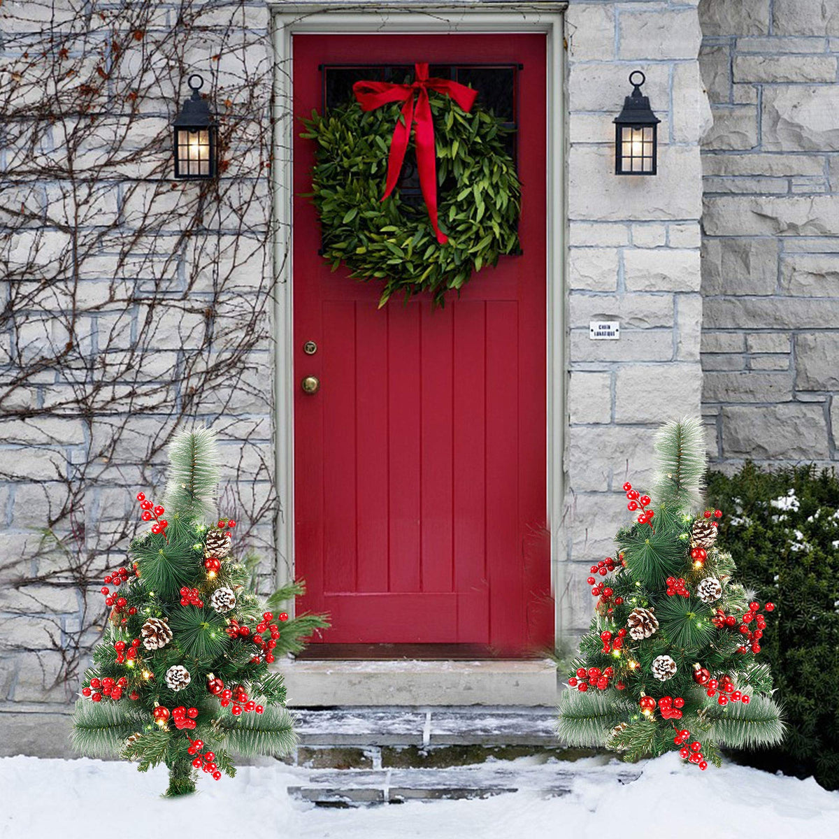 FORUP Set of 2 30 Inch Pre-Lit Pathway Christmas Trees Urn Filler, Outdoor Christmas Tree Decorations for Porch, Driveway, Yard, Garden, with 60 LED Lights, Red Berries, Pine Cones, Red Ball Ornaments