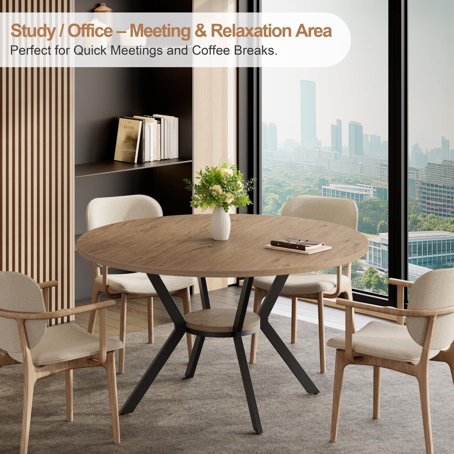 MECHYIN 42" Round Dining Table for 2-4, Farmhouse Kitchen Table with Storage, Space Saving Circle Dinner Table, Rustic Light Wood Kitchen & Dining Room Tables with Metal Legs for Kitchen, Dining Room