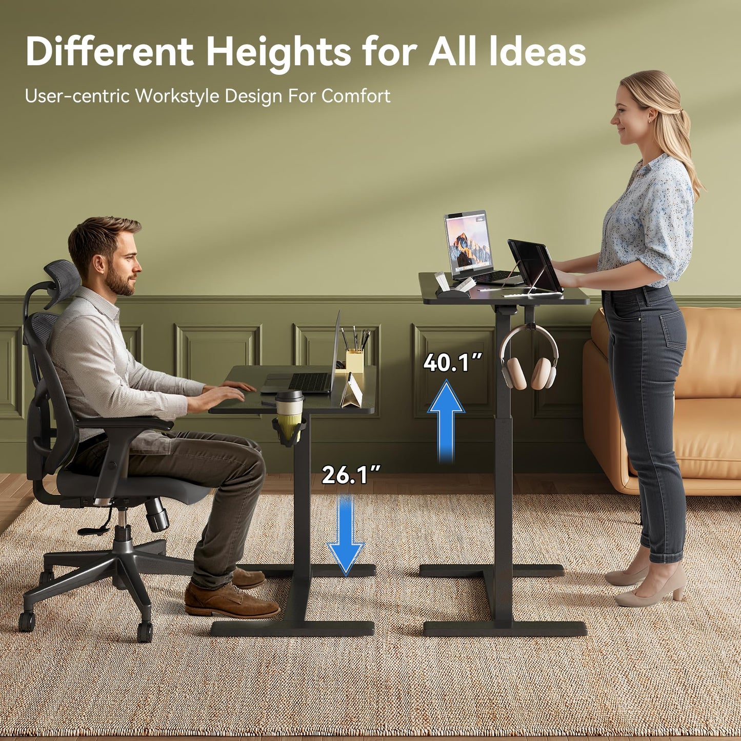 Gamork 18.9 * 25.6 inches Mobile Standing Desk,C Shaped Pneumatic Adjustable Height Stand Up Desk,Ergonomic Standing Side Table for Home Office Work Computer Desk Workstation,Black