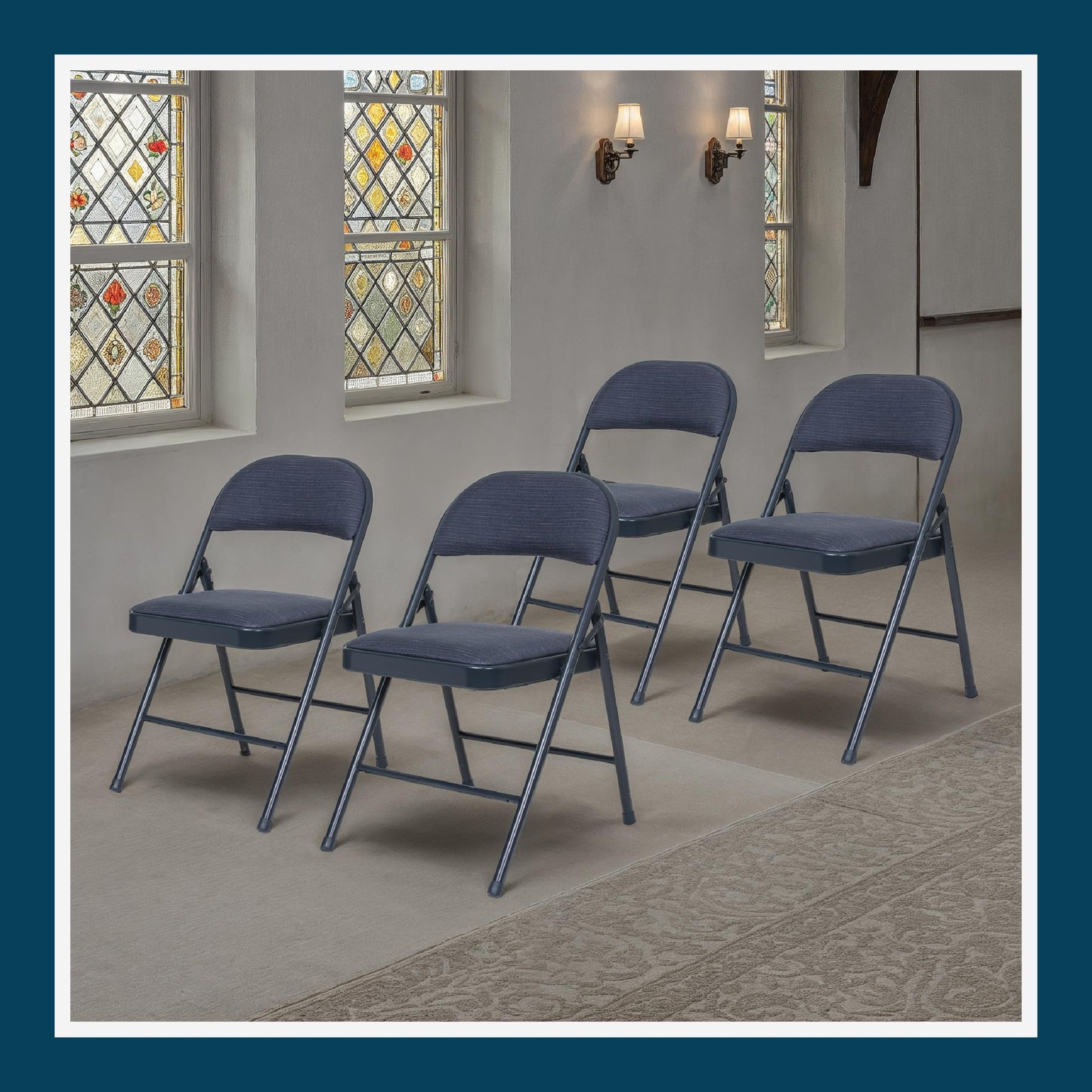 OEF Furnishings OEF970 Series Premium Fabric Padded All Steel Folding Chairs, Comfort Cushioned Seat & Back for Meeting Office Training Rooms (4-Pack, Cosmic Blue)