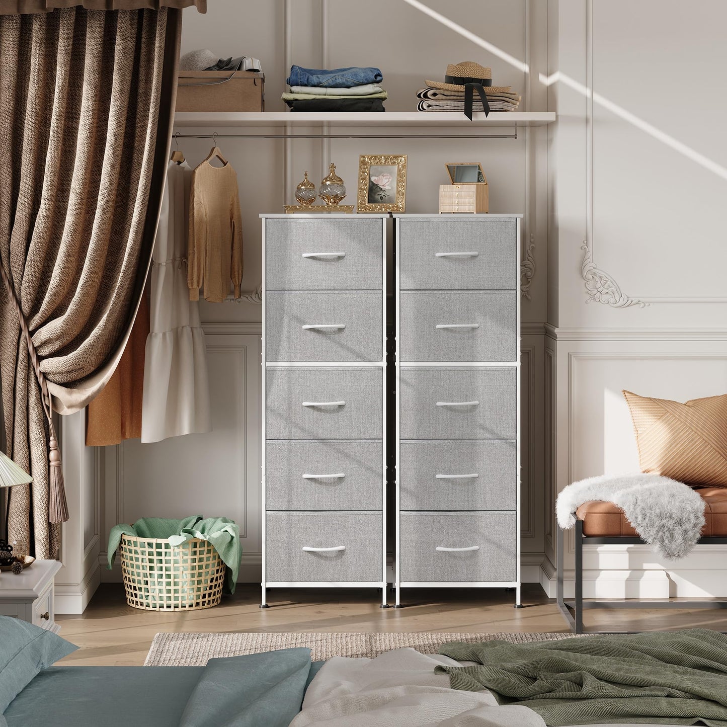 WLIVE Fabric Dresser, 5-Drawer Tall Dressers for Bedroom, Storage Dresser Organizer with Fabric Bins, Wood Top, Sturdy Steel Frame, Chest of Drawers for Closet, Hallway, Light Grey