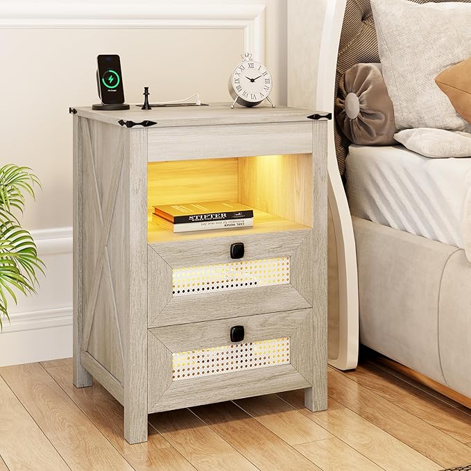Farmhouse Night Stand with Gun Drawer, Bedside Table with Charger Station