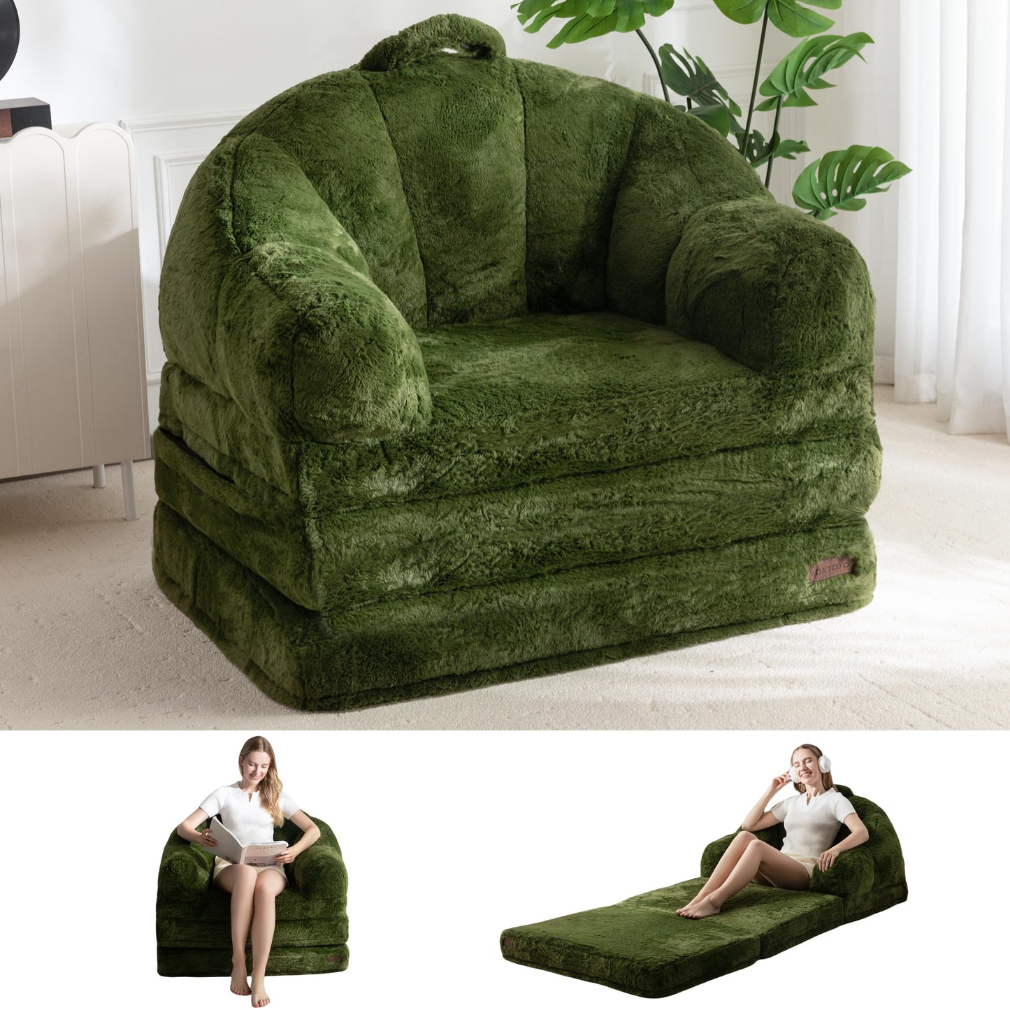 MAXYOYO Folding Sofa Bed, 2 in 1 Convertible Sofa to Lounger Comfy Single Bean Bag Chair for Adults, Floor Couch with Handle, Faux Fur Couch Bed for Living Room Bedroom, Green